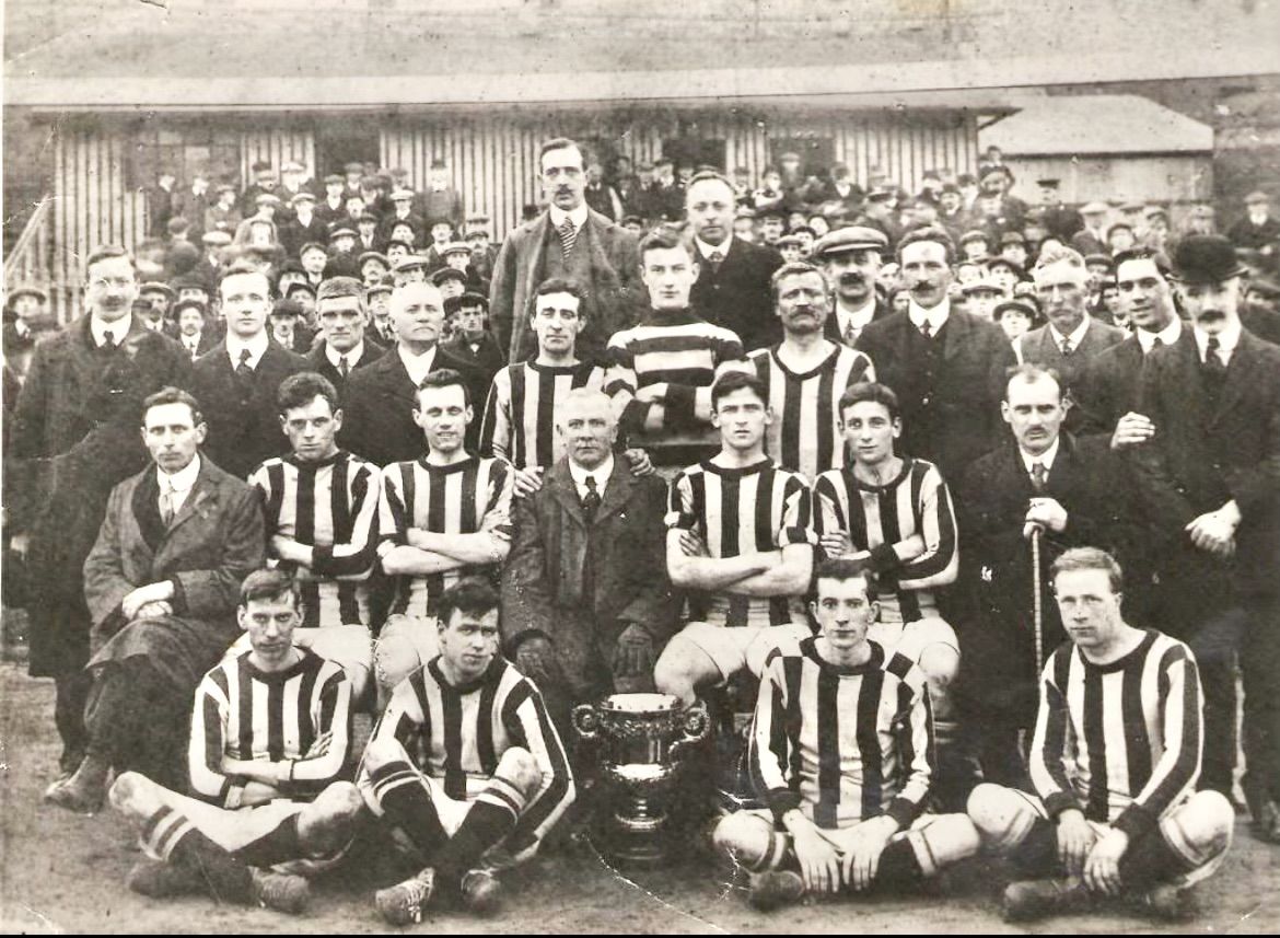 BELFAST CELTIC: Harry Buckle (bottom left) to his right is Louis Crowe and wearing the horizontal stripes is Irish Revolutionary and Statesman, Oscar Traynor (goalkeeper) BELFAST CELTIC: Harry Buckle (bottom left) to his right is Louis Crowe and wearing the horizontal stripes is Irish Revolutionary and Statesman, Oscar Traynor (goalkeeper)