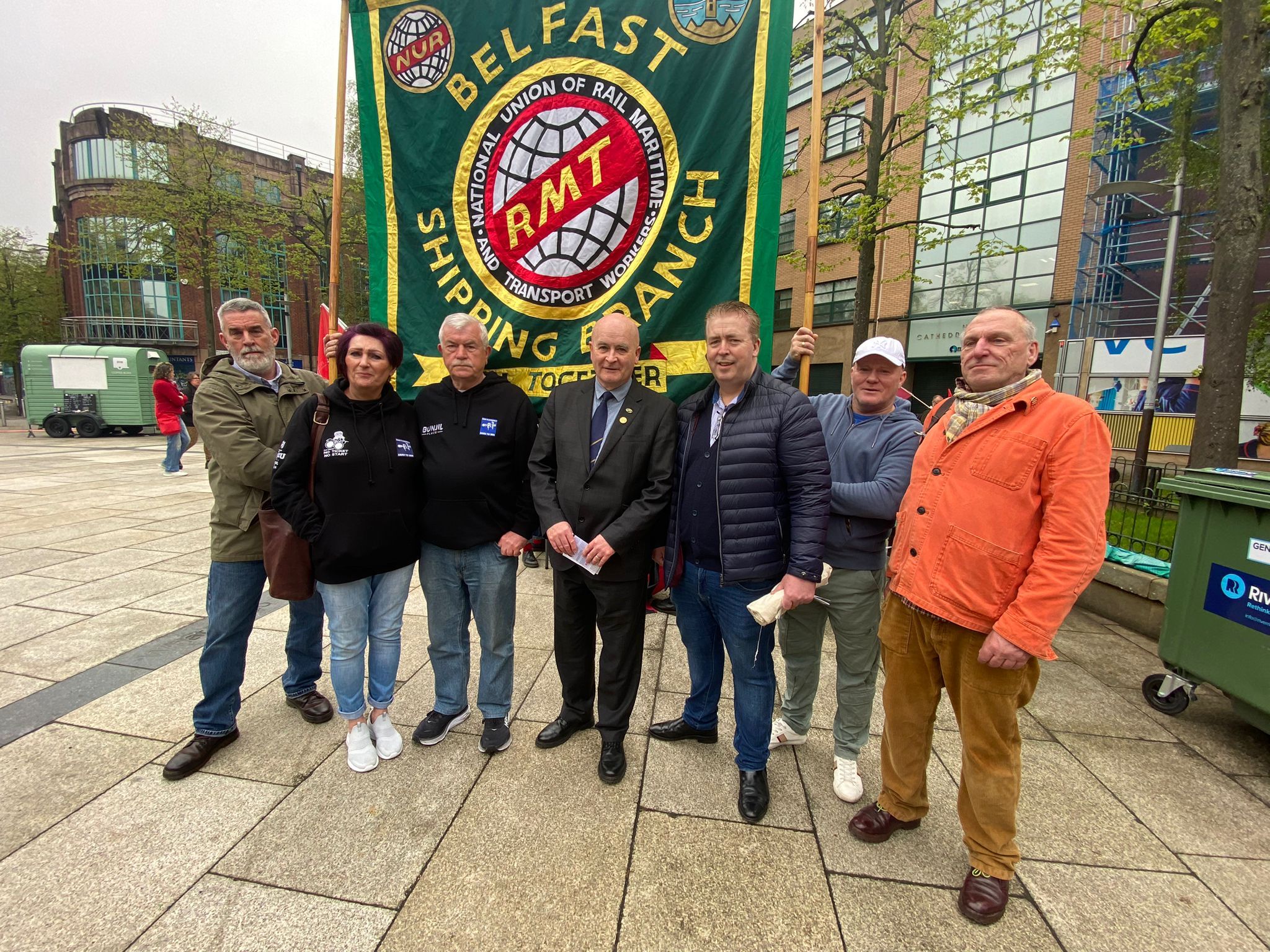 WORKERS: Mick Lynch with Belfast RMT Belfast Shipping Branch workers WORKERS: Mick Lynch with Belfast RMT Belfast Shipping Branch workers