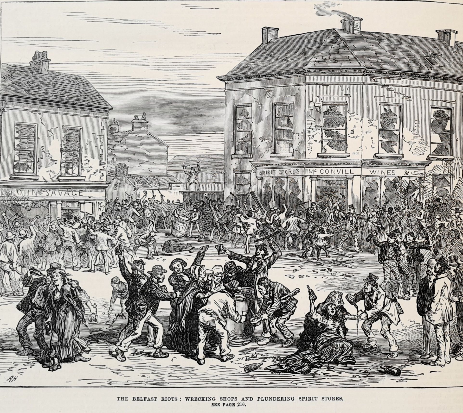 Contemporary Etching based on artist drawings from the Illustrated London News, showing Loyalists and Orangemen looting Catholic owned bars and spirit grocers, Shankill Rd. Monday 19th August