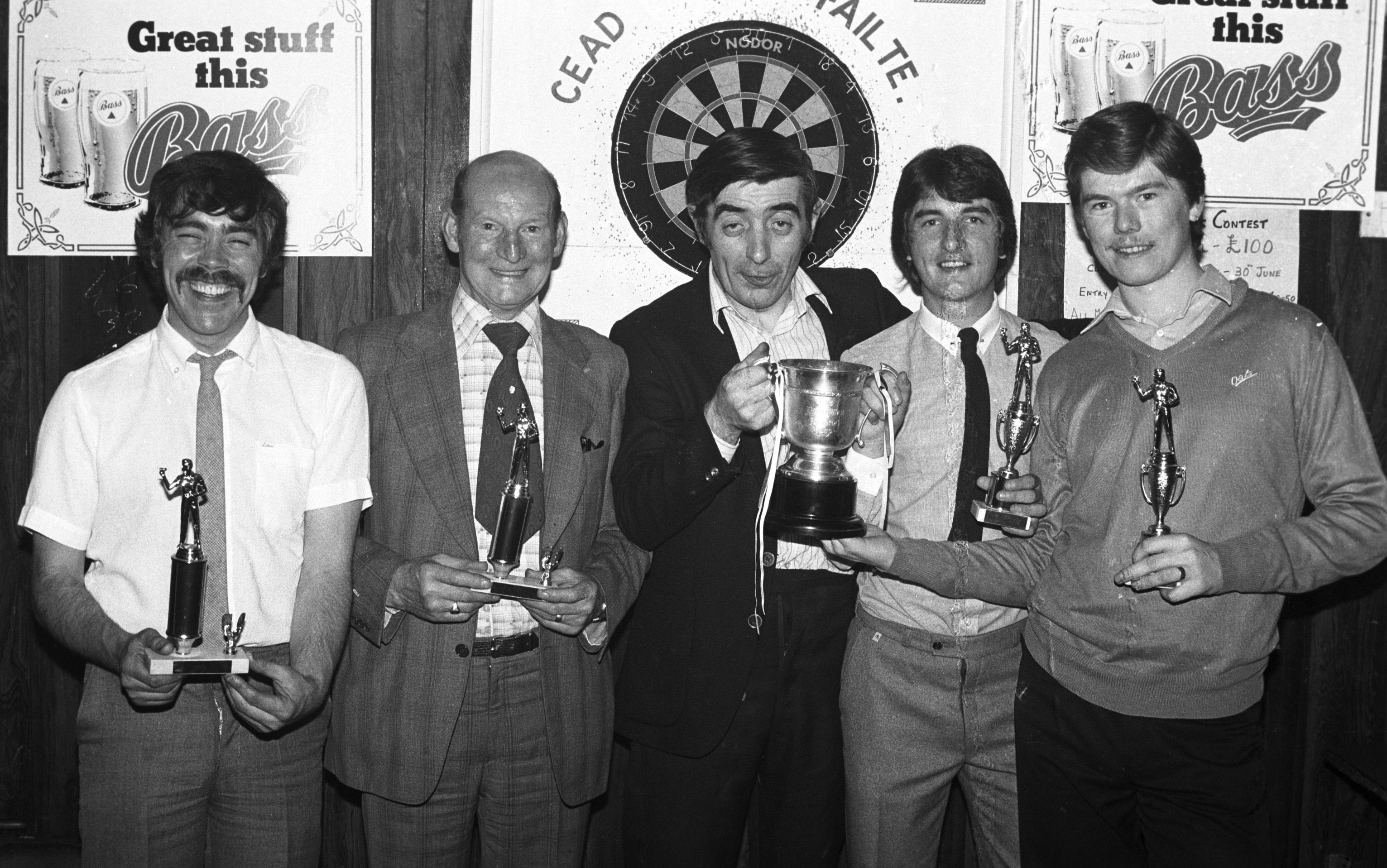John Burns, Danny O'Neill, Harry Gilmore (sponsor), John McAreavey, Desi Lamihiu at the North Belfast Darts League presentation in the Highfield Club