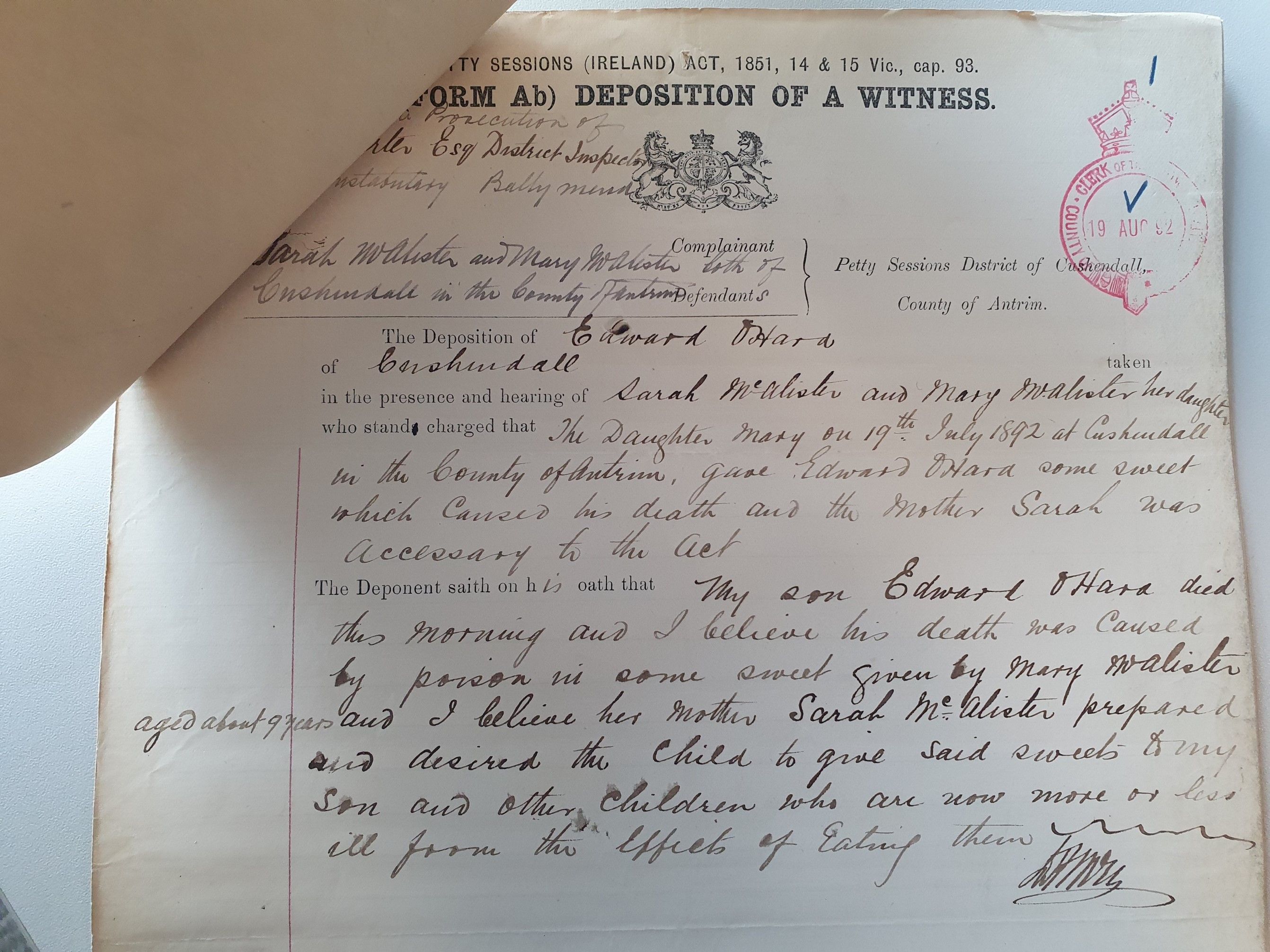 The letter concerning Sarah McAllister from Cushendall (The Public Record Office of Northern Ireland ANT/1/2/C/2/64)