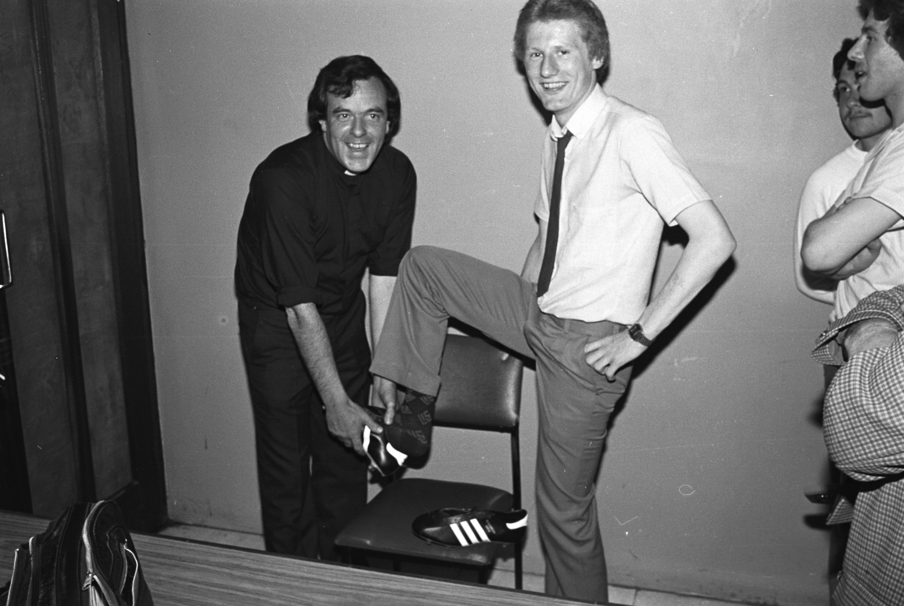Paddy Kelly (leaving to join Leicester City FC) and Fr Matt Wallace. Fr Matt Wallace at a St Oliver Plunkett Football function in the Lake Glen in 1980