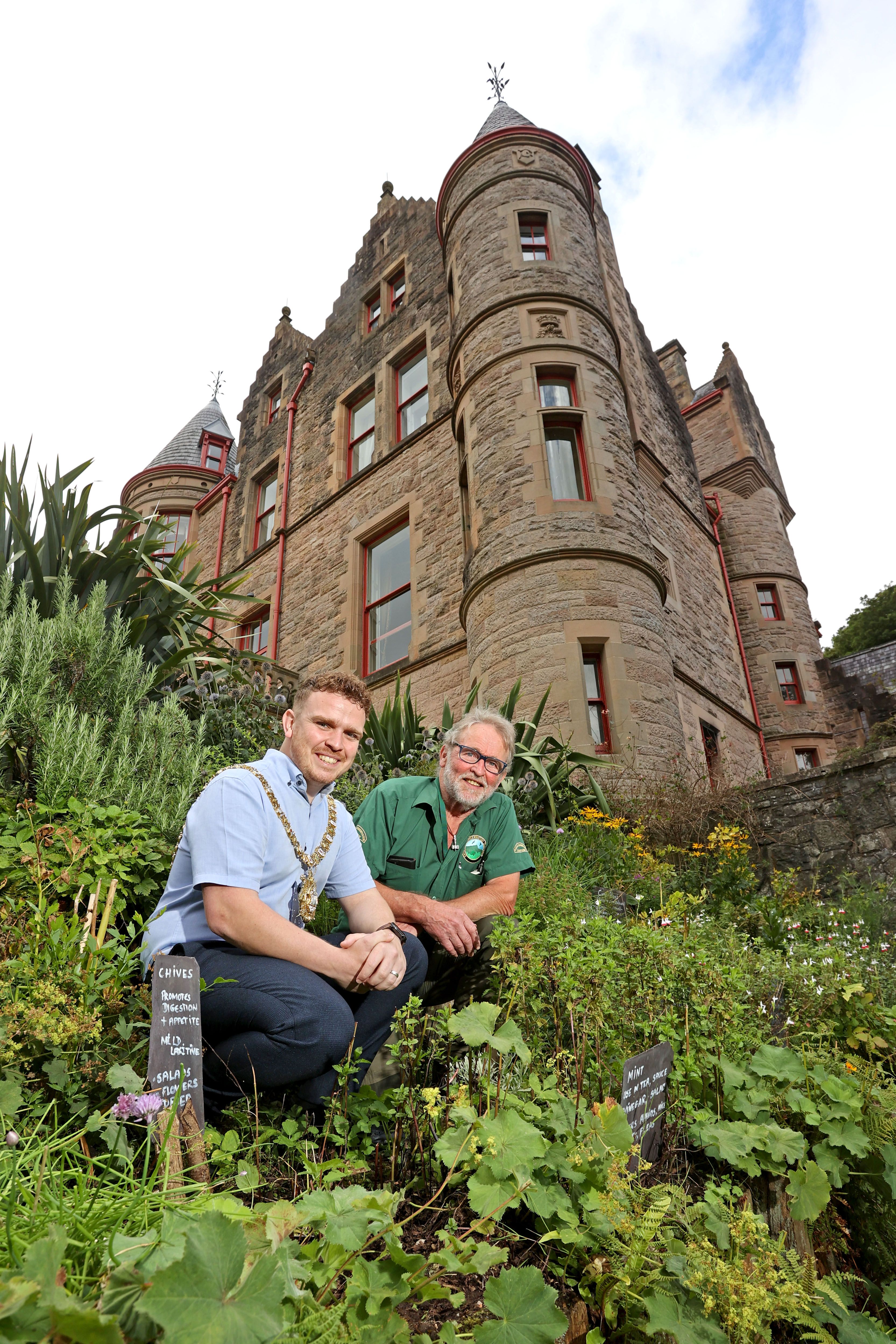 Lord Mayor Councillor Ryan Murphy with Chair of the Cave Hill Conservation Cormac Hamill at the herb garden at Belfast Castle.