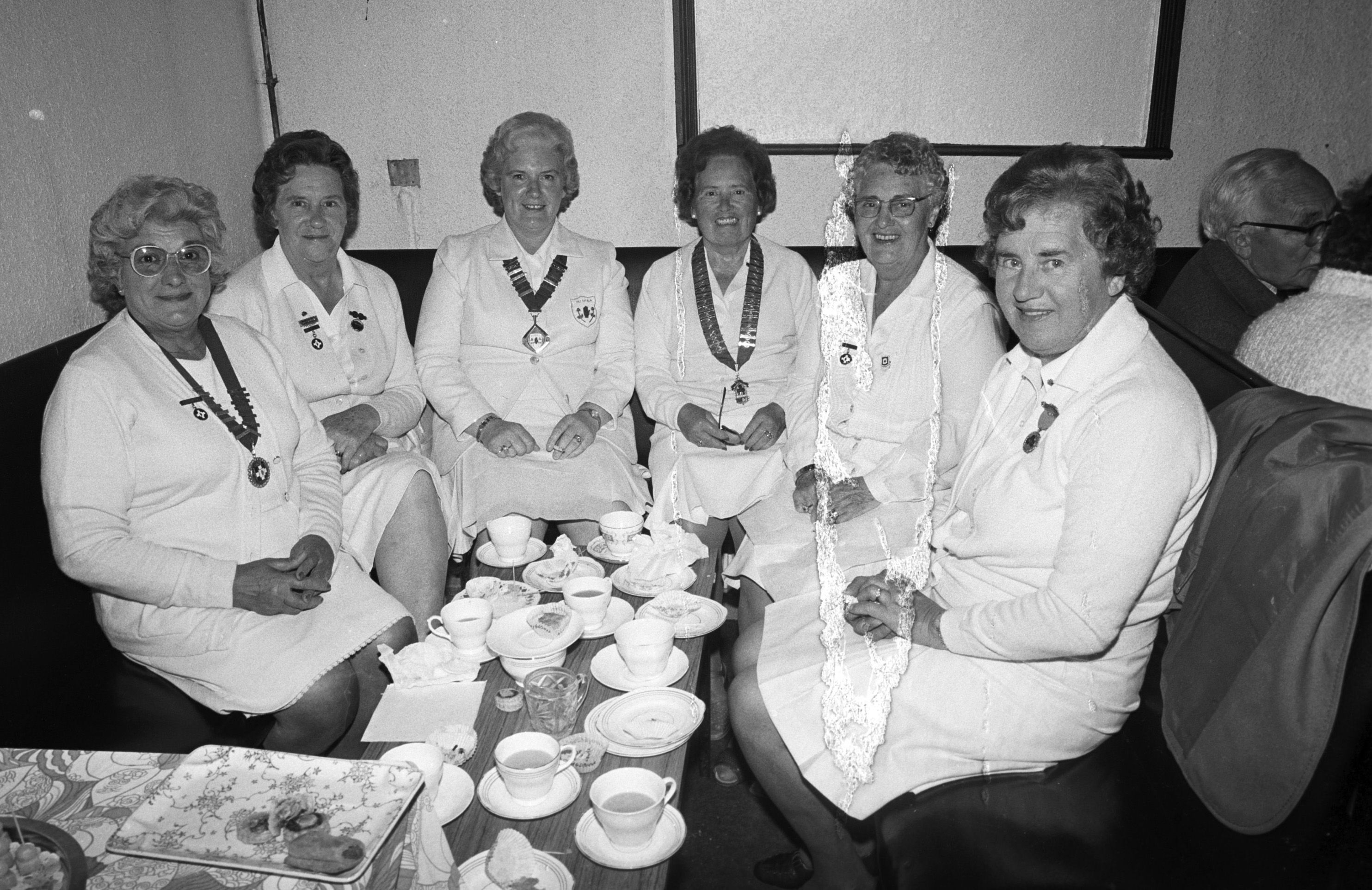 Hazel Getty, Madge Cheddy, Teresa McFall, Meta Wilson, Lily Houston and Margaret Porter at the Falls Bowling and Tennis Club grand opening in August 1982