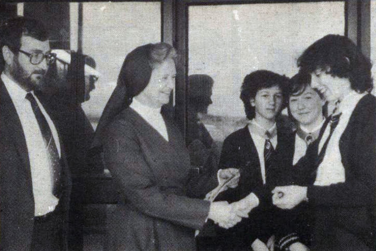 Three girls from St Louise’s, Regina Rooney, Sinead McCluskey and Vivienne McGoldrick receive an award from headmistress Sister Genevieve. The girls won second prize in the Intermediate Group,Knowledge of Biology Section at the Aer Lingus Young Scientist Exhibition. Also pictured is teach Mr Seán Maguire