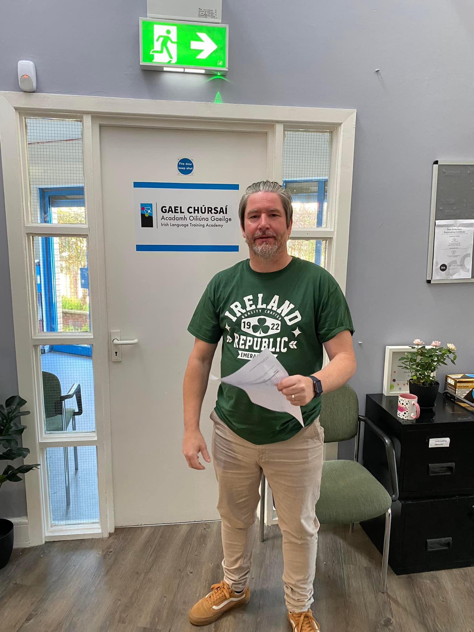 IRISH: Terry after passing his GCSE in Irish AWARD: Terry after passing his GCSE in Irish