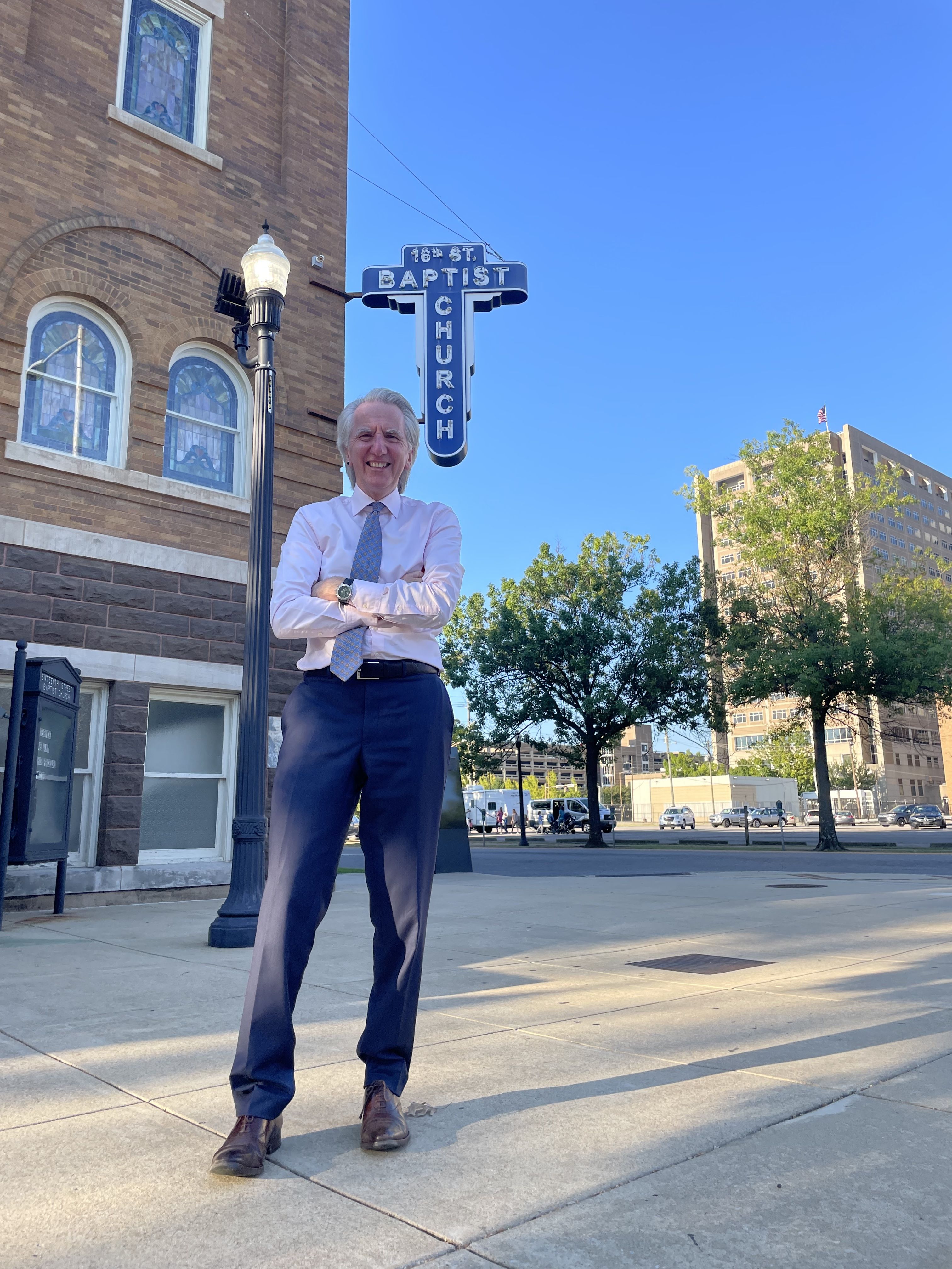 READING RUNES: The author outside 16th Street Baptist Church in Birmingham where four girls died in a 1963 bomb attack by the KKK