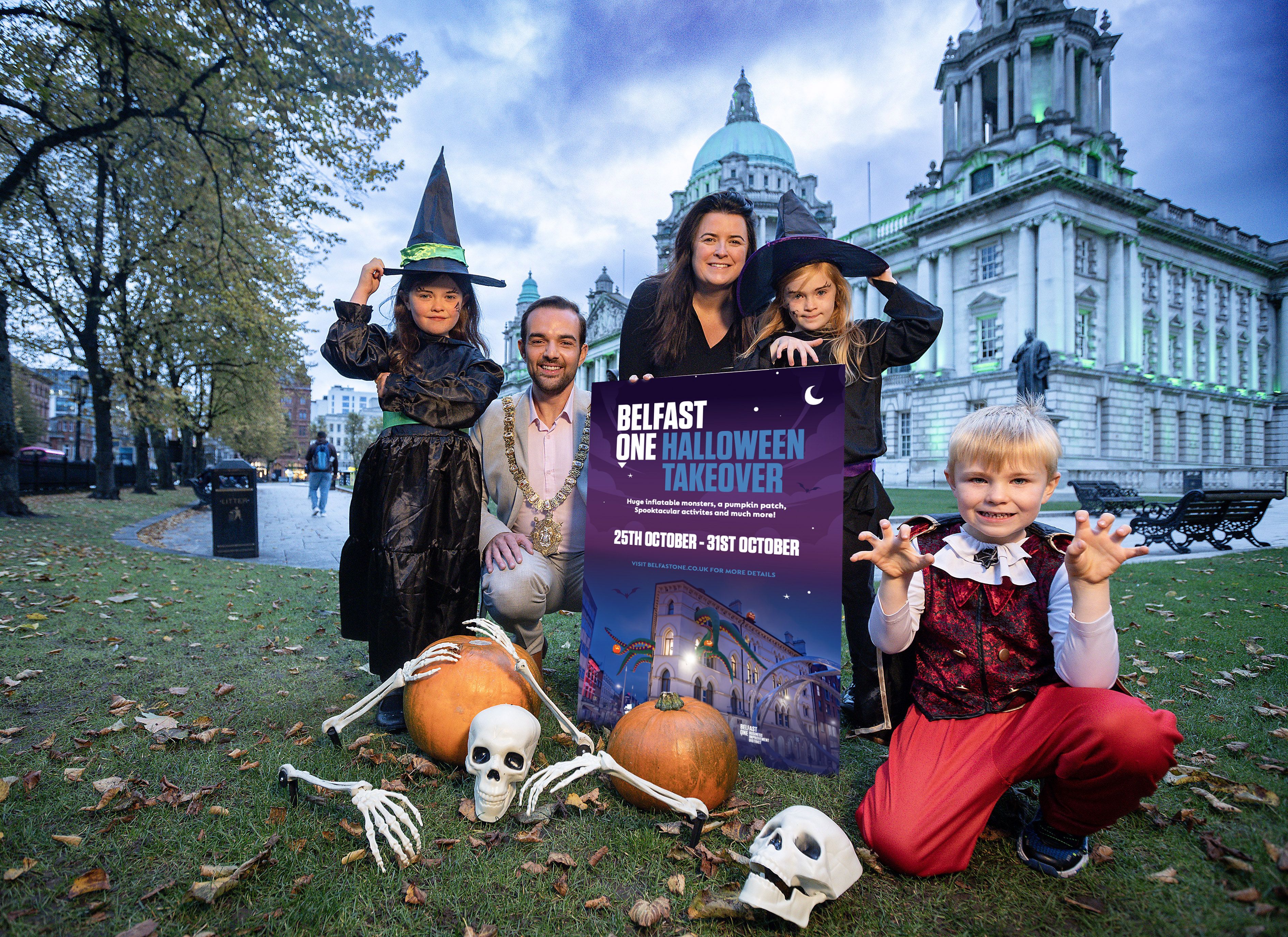 Junior spooky stars get into character for Halloween takeover with Lord Mayor Micky Murray and Belfast One CEO Martina Connolly