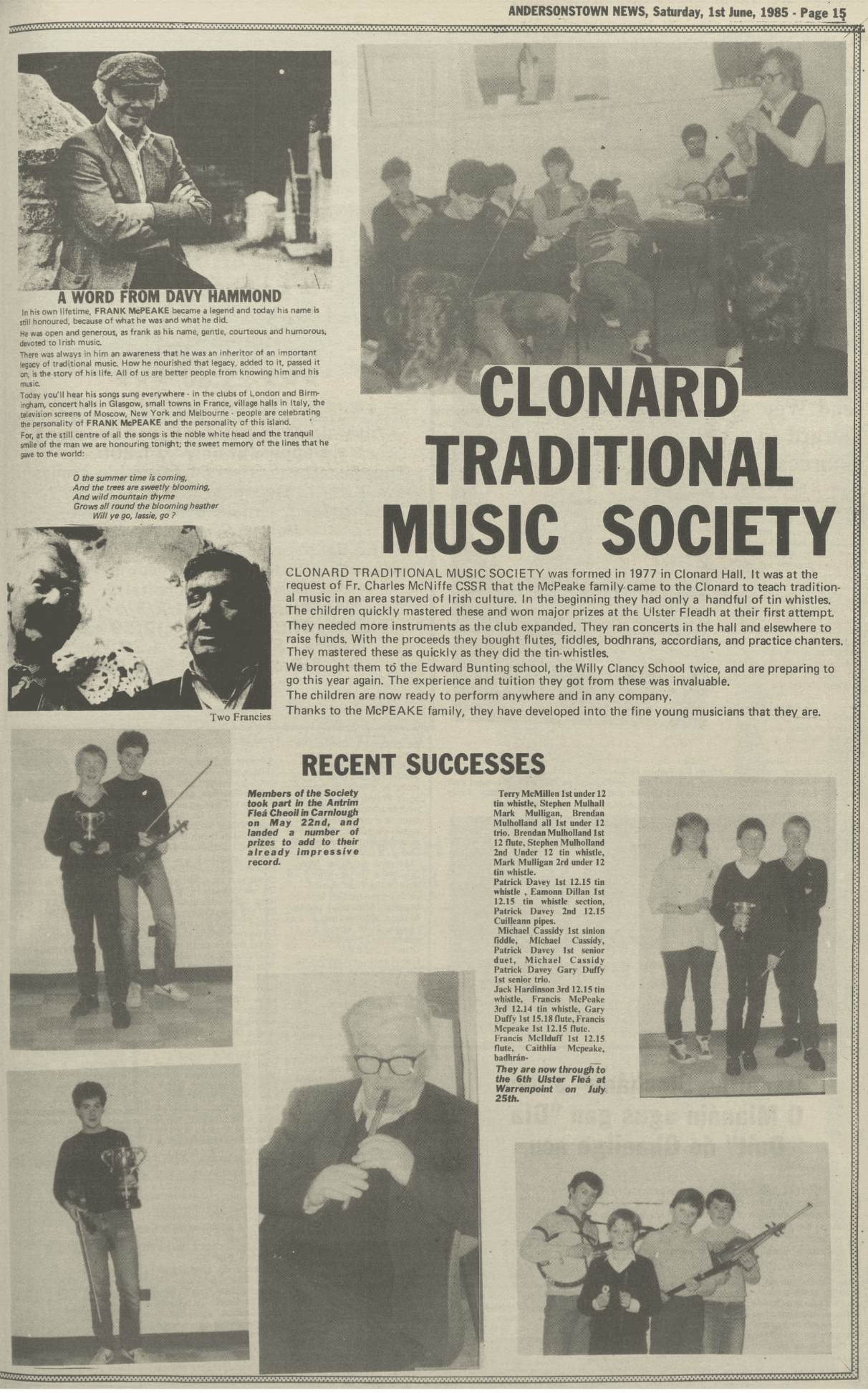 A feature on The Clonard Traditional Music Society from the pages of the Andersonstown News in 1985