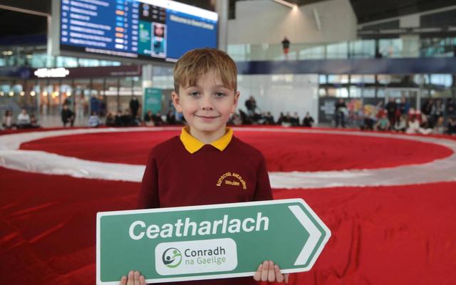 NÍOR IMIGH MUID: Schoolchild protesting Irish ban in new transit hub