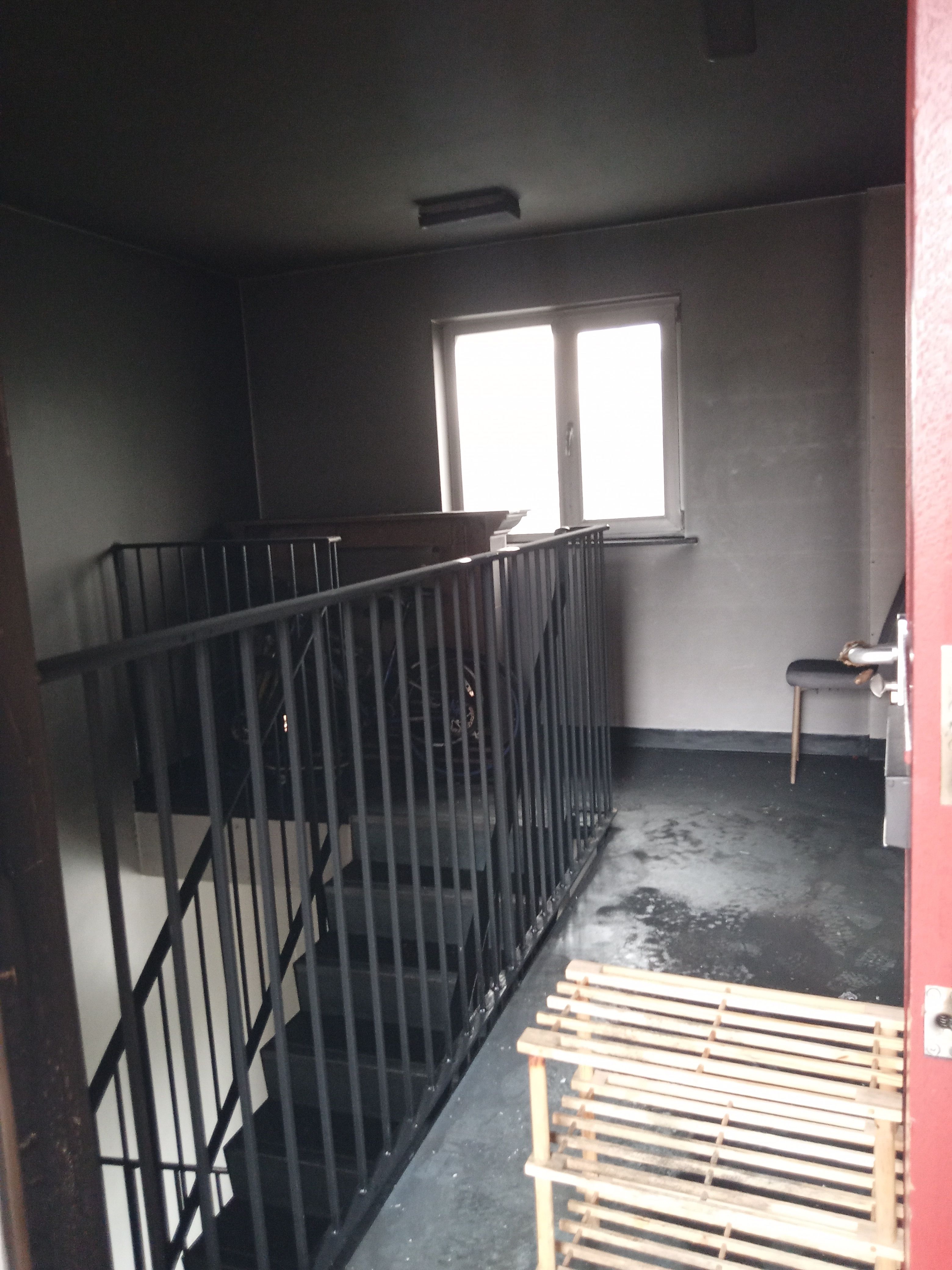 The fire-damaged stairway