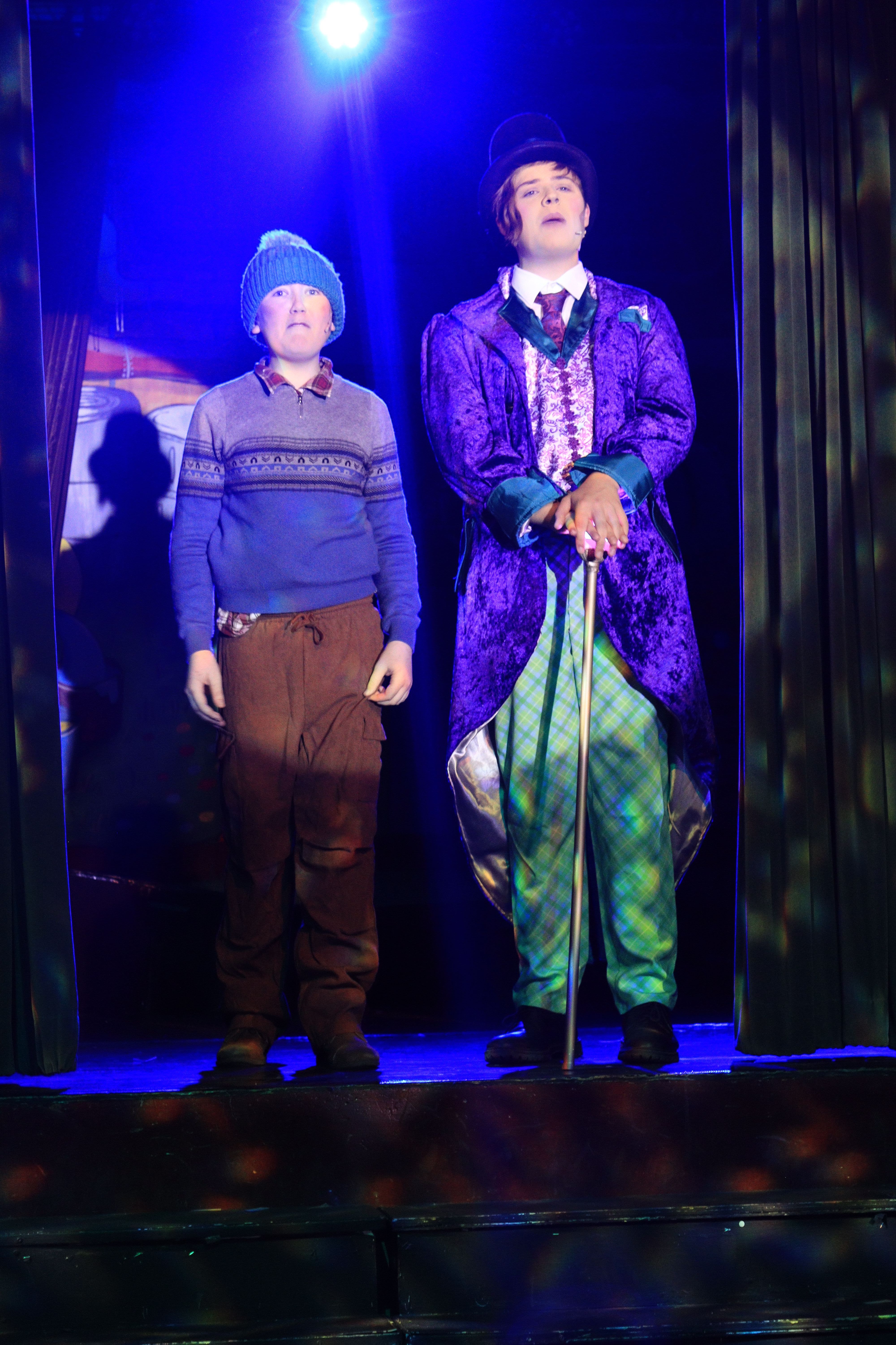 Rudi Cosgrove and Pearse Morrison as Charlie Bucket and Willy Wonka