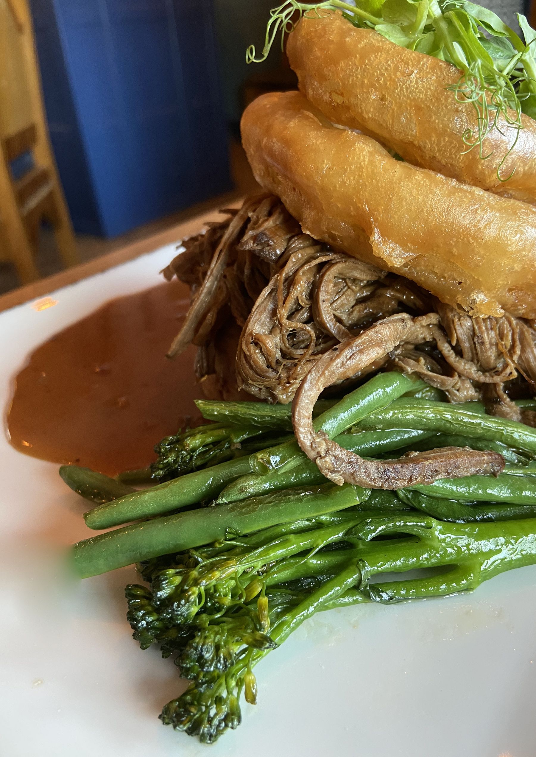 BOXTY: Ivor's speciality Boxty with slow roasted beef, onion rings and pepper sauce
