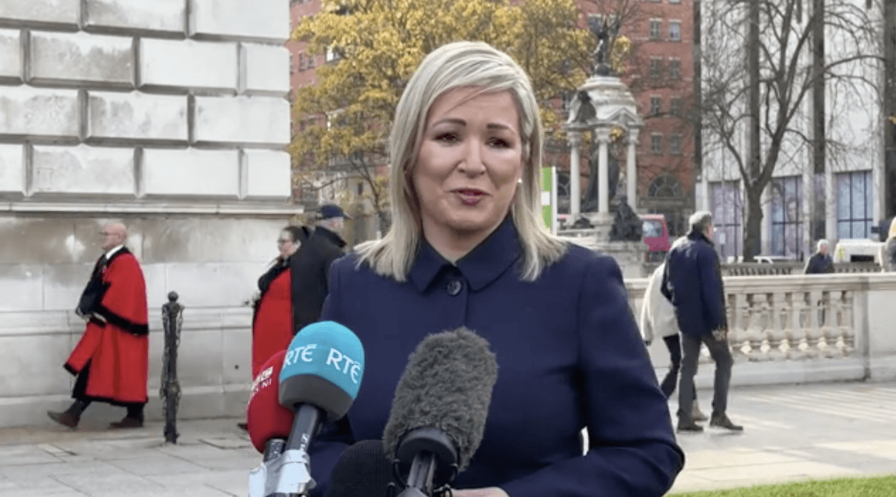 GESTURE: Michelle O’Neill speaking at the Cenotaph