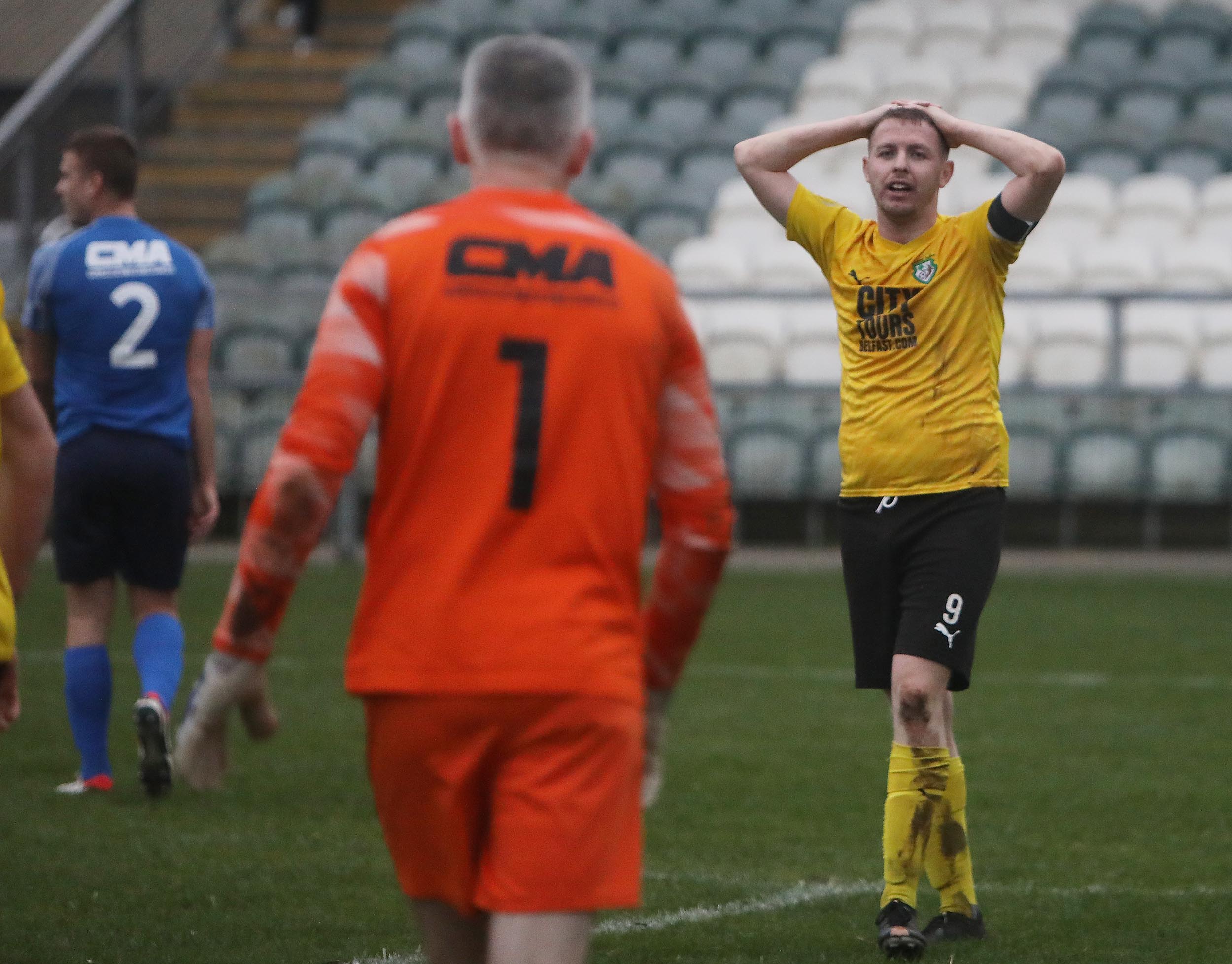 Gallagher can't believe his misfirtune as his last-gasp effort comes off the crossbar 