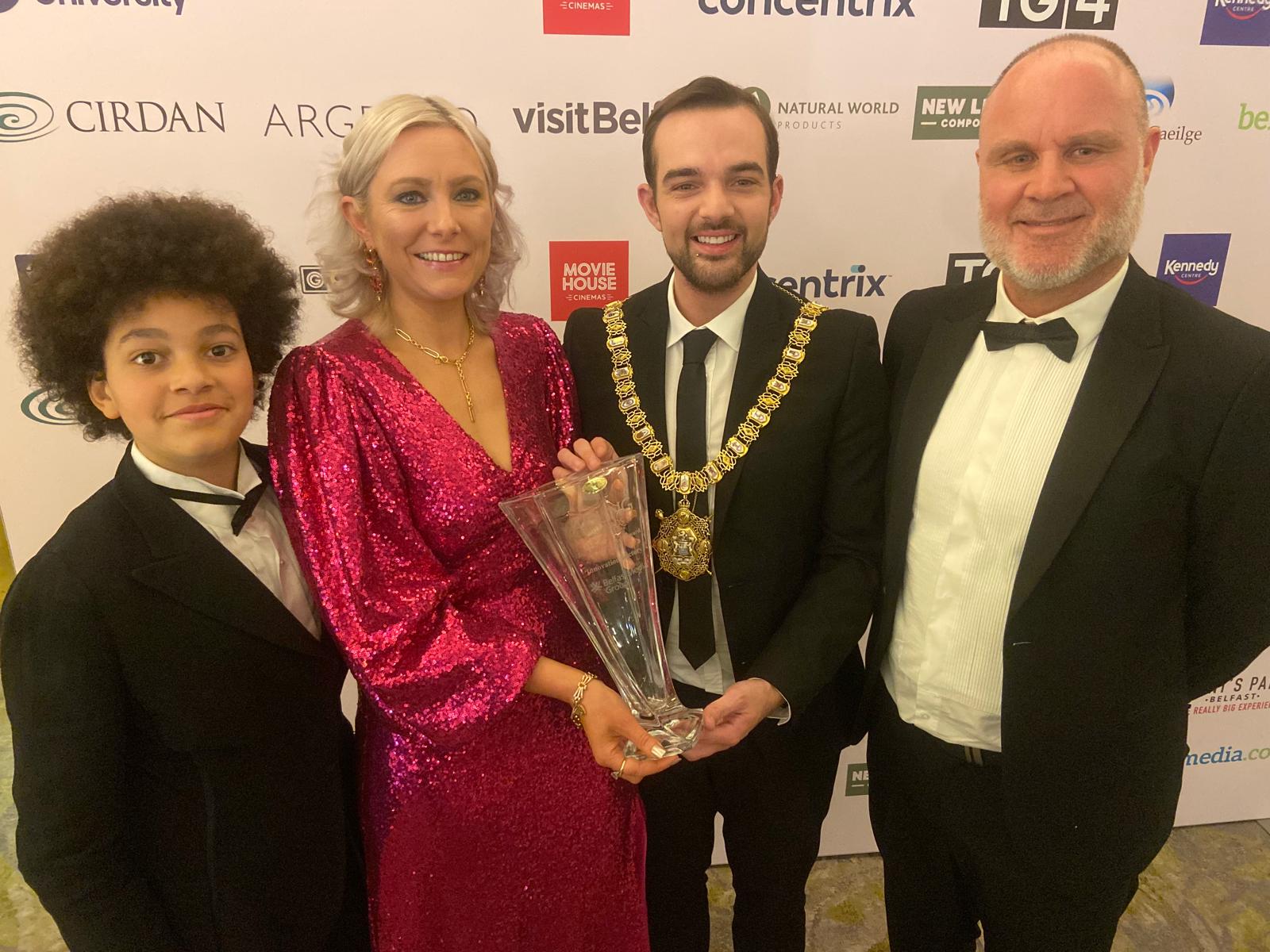 COMMUNITY HEROES: Innovation Factory representatives Shane Smith, Orla McKeating and her son Elliot were presented with the Business Award by Lord Mayor Micky Murray