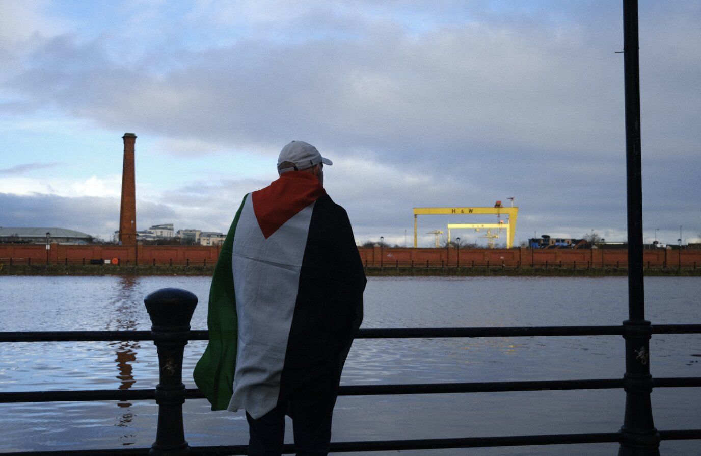 EXHIBITION: A protestor looks at Harland and Wolff. Pic by Leanne Thornbury