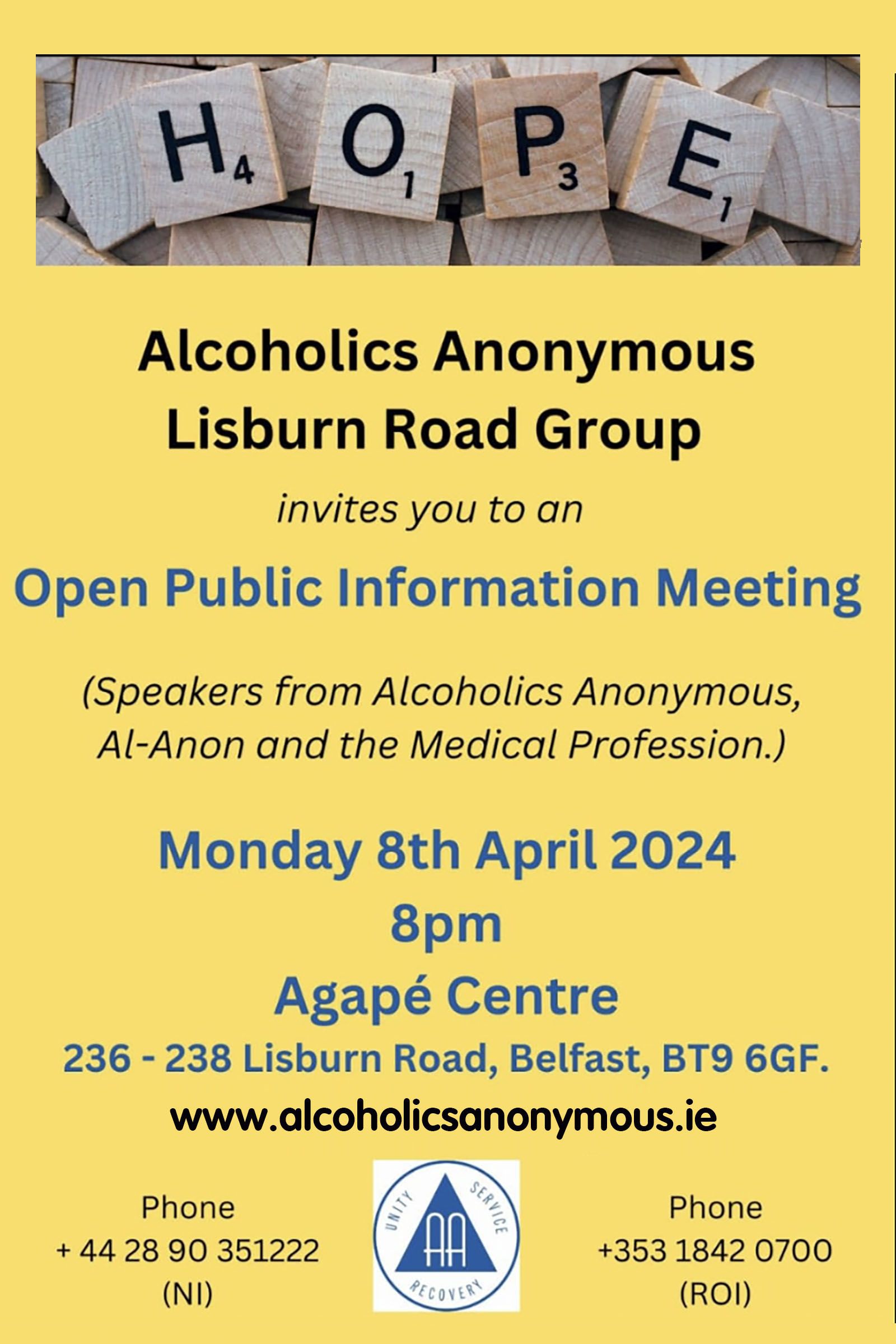 Lisburn Road Alcoholics Anonymous to hold public meeting