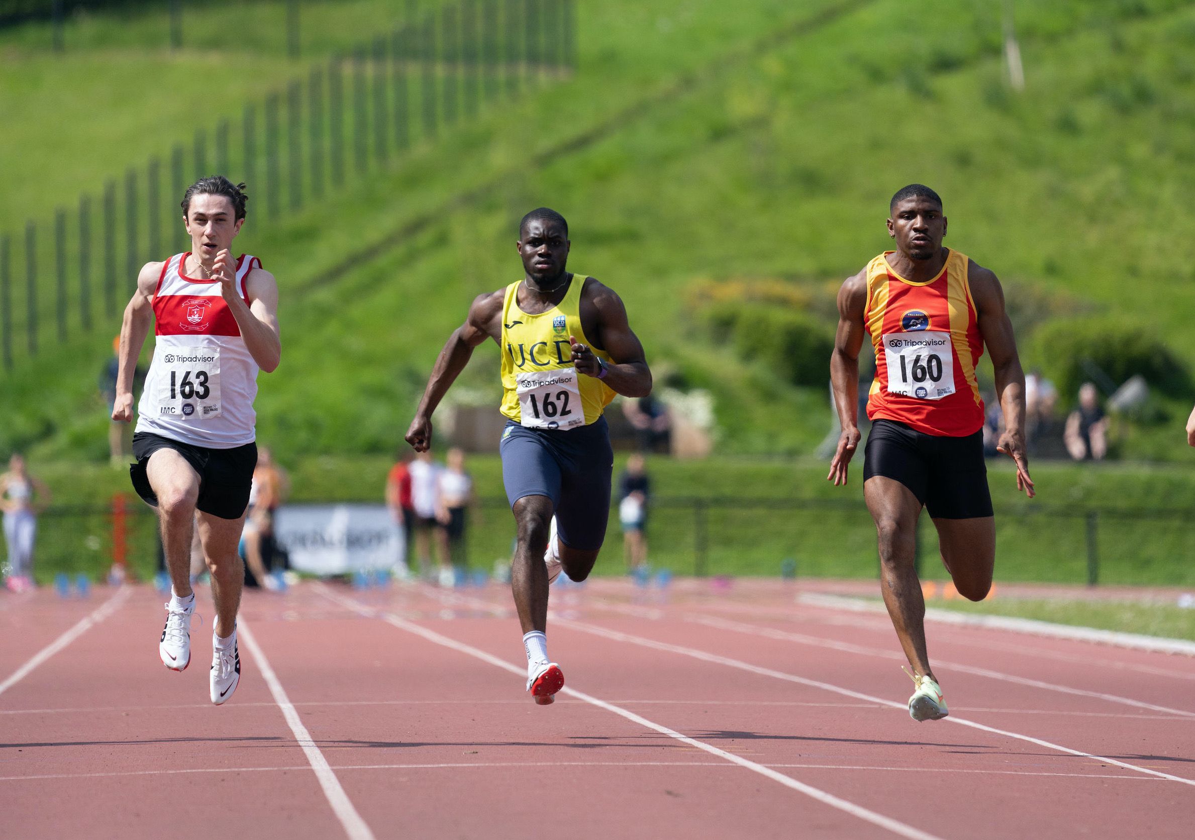 Robert McDonnell (163), winner of the Men’s 100m at the 2023 Belfast Irish Milers Meet in association with Tripadvisor