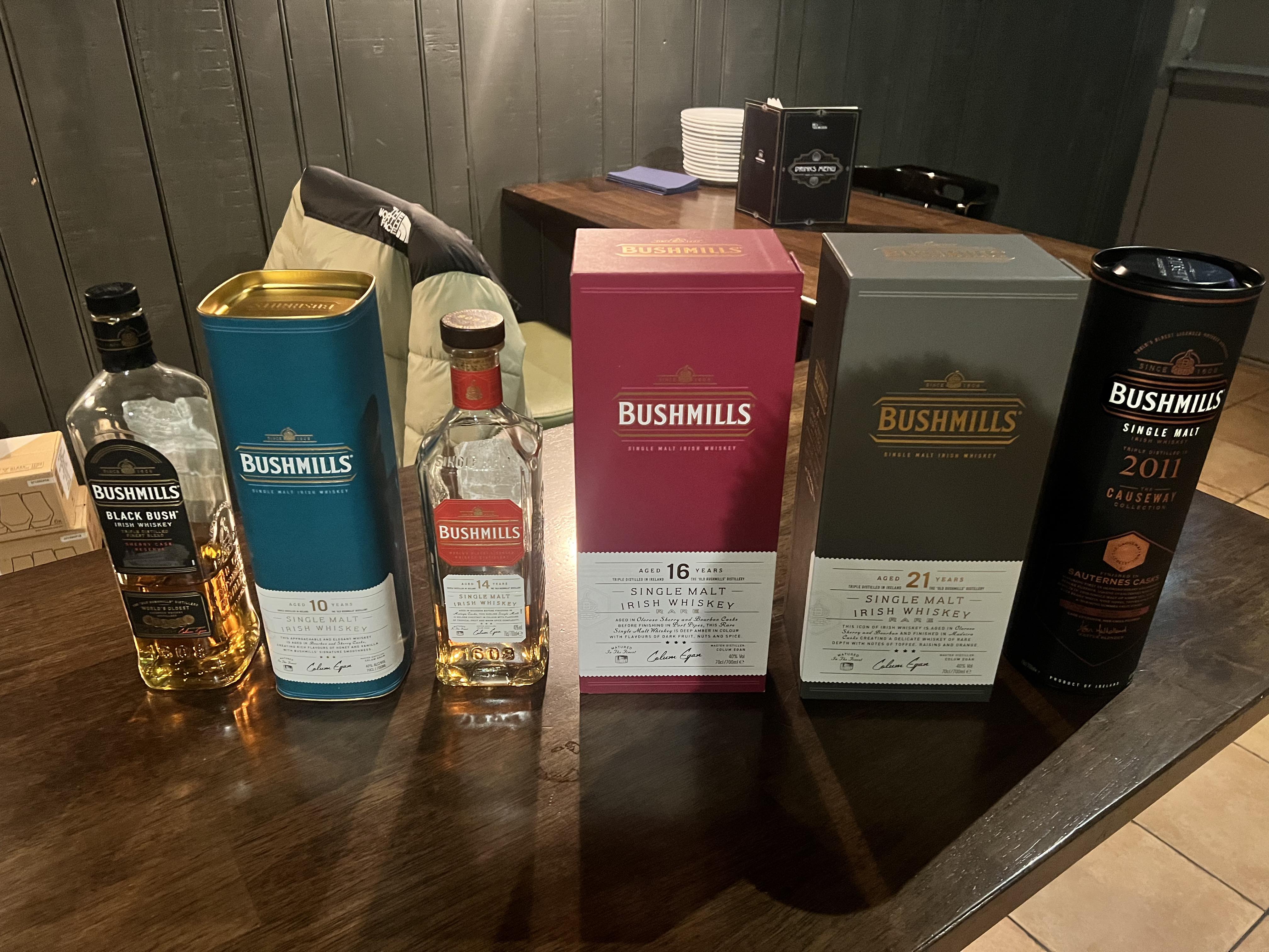 Black Bush, 10 Year Old, 14 Year Old, 16 Year Old, 21 year-old and finishing with a 2011 Bushmills Causeway Collection whiskey, from Sauternes Cask.