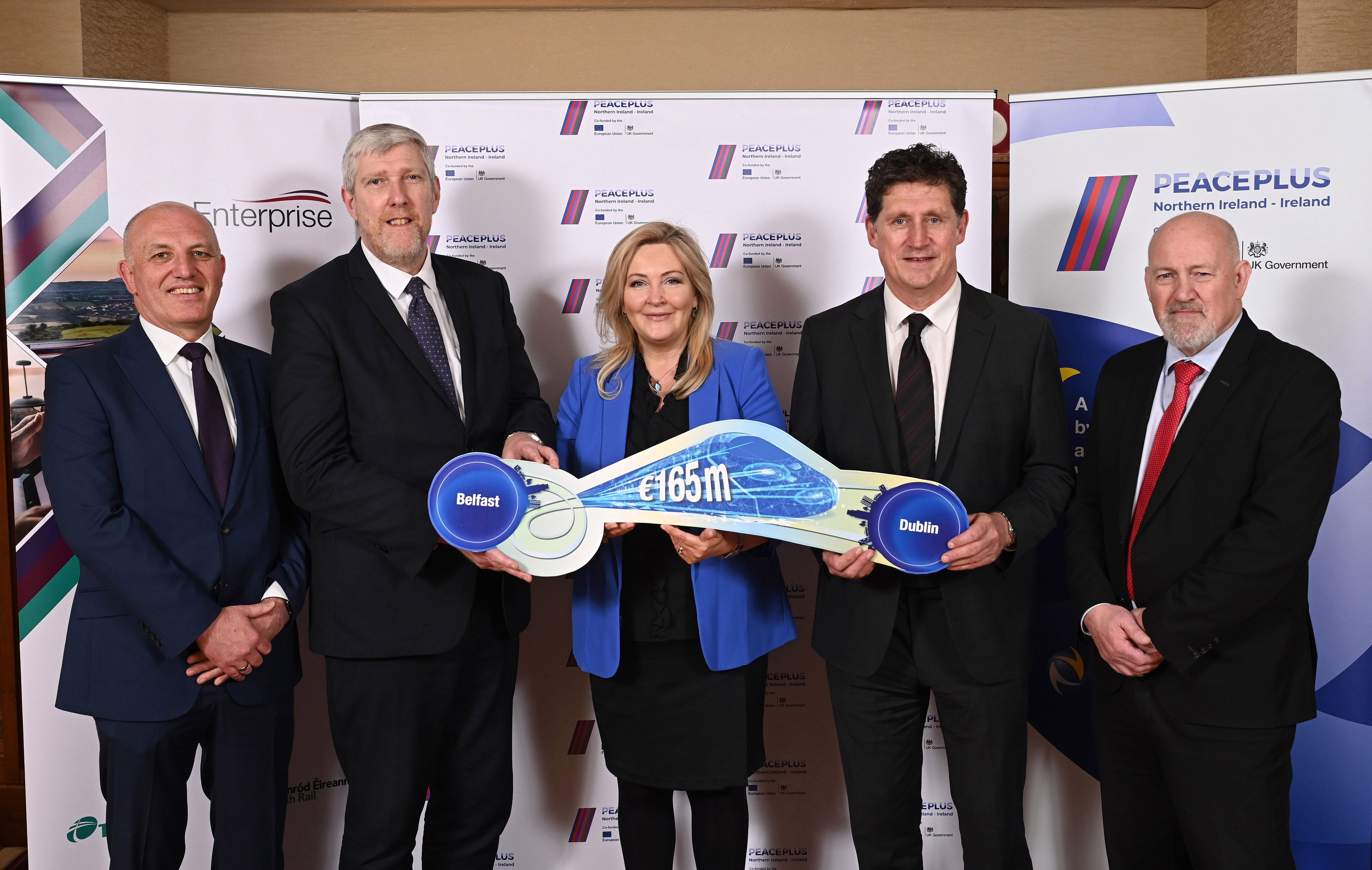  Ian Campbell, Director of Service Operations, Translink, Minister John O’Dowd, Department for Infrastructure, Gina McIntyre, CEO SEUPB, Minister Eamon Ryan TD, Department of Transport and Billy Gilpin, Director Train Operations, Iarnród Éireann