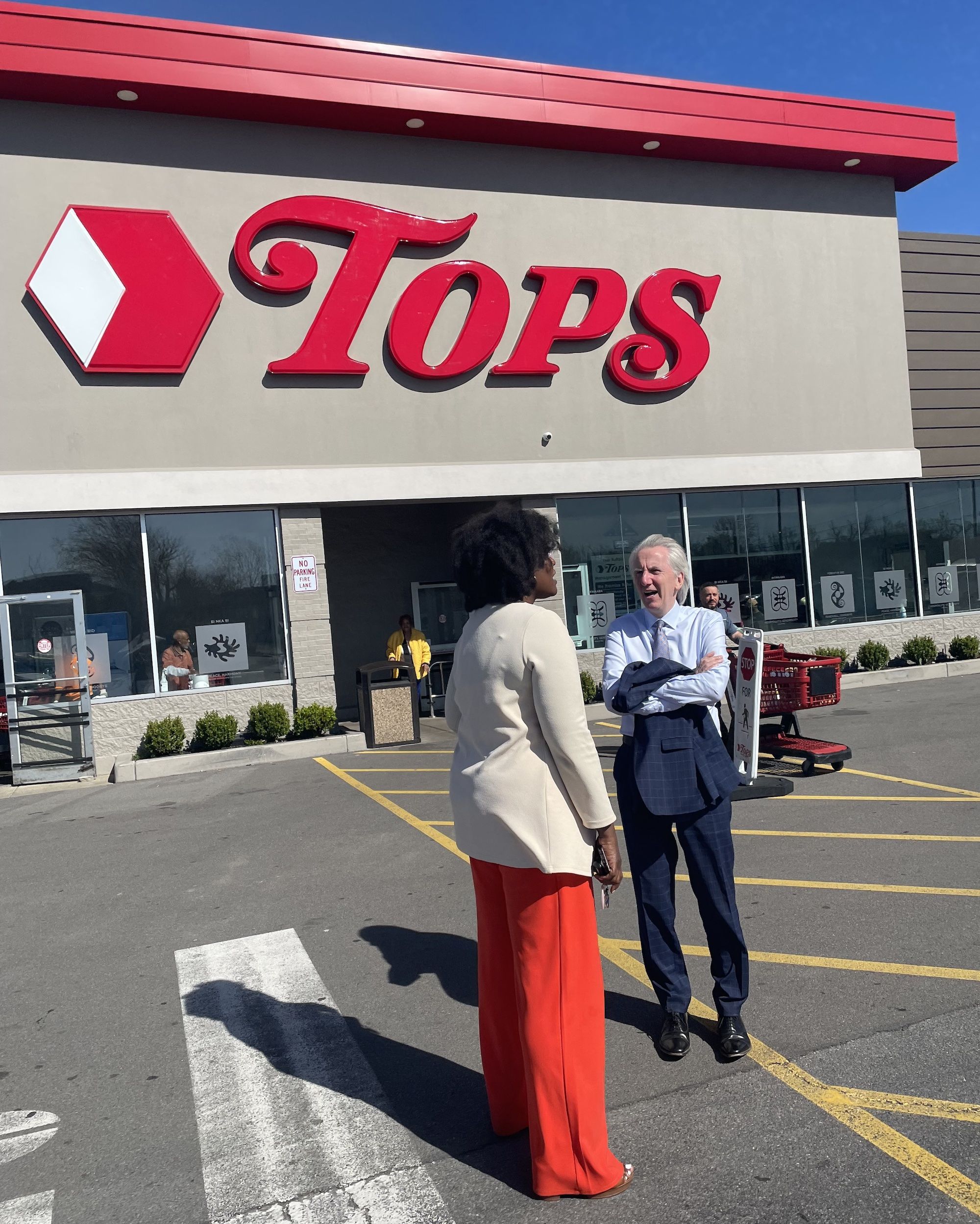 HURT: The author with Councilwoman Zeneta Everhart outside Tops Supermarket. Her son Zaire was shot and injured by the white supremacist who killed ten African-Americans in the May 2022 massacre.