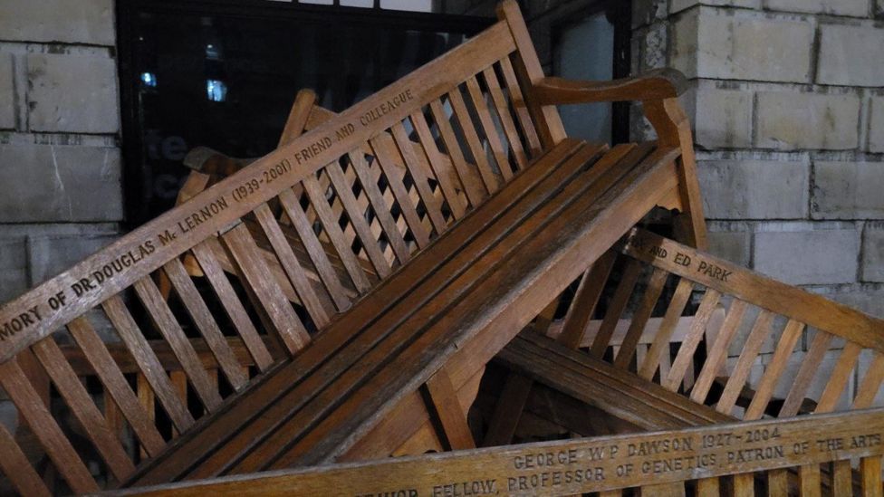PROTEST: Benches used to barricade a doorway during the student protest at Trinity College