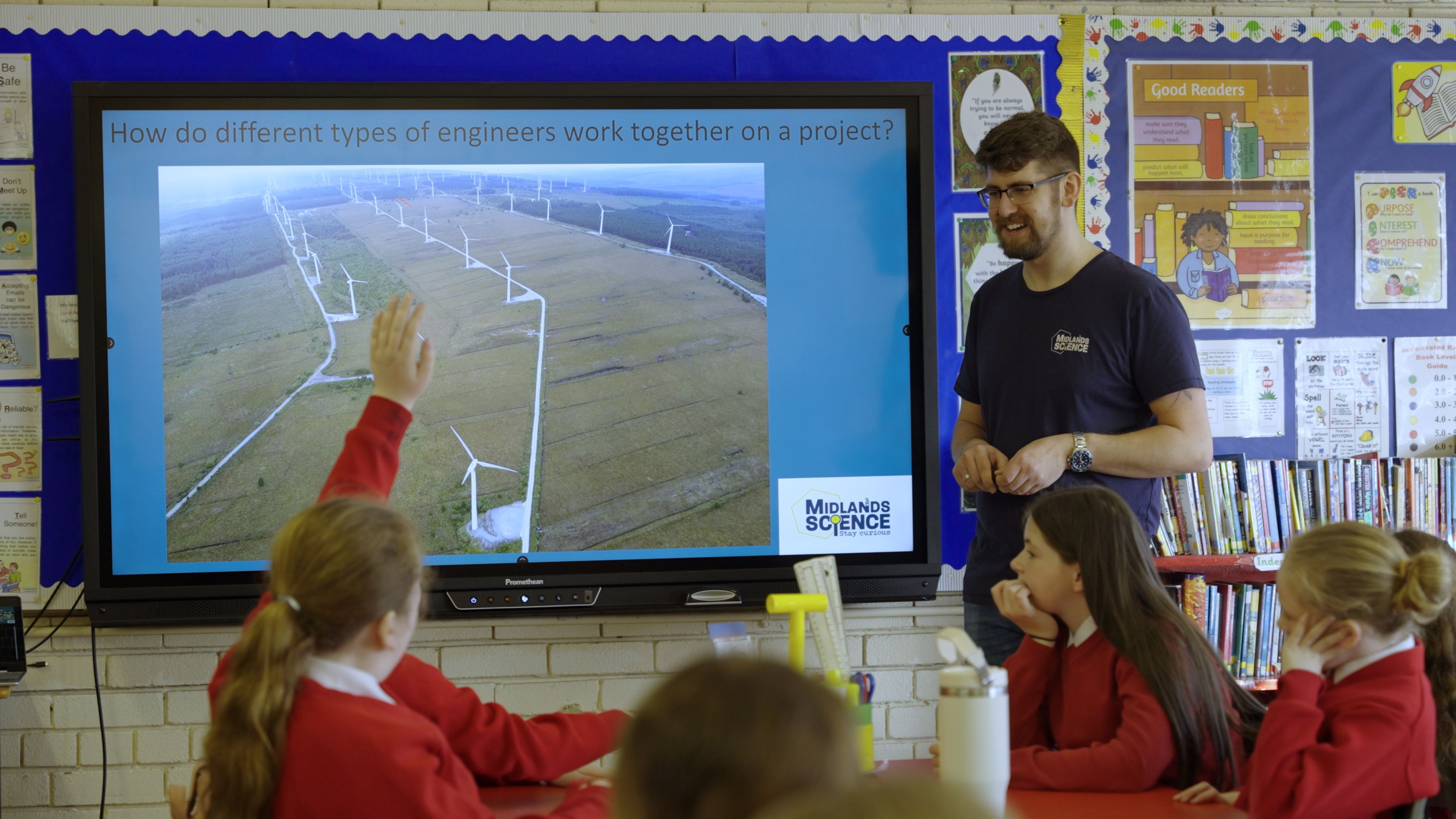 Students of Ms Laura McCann’s  P7 class of Holy Cross Girls’ School seek reassurance from Midlands Science's Criodán Ó Murchú