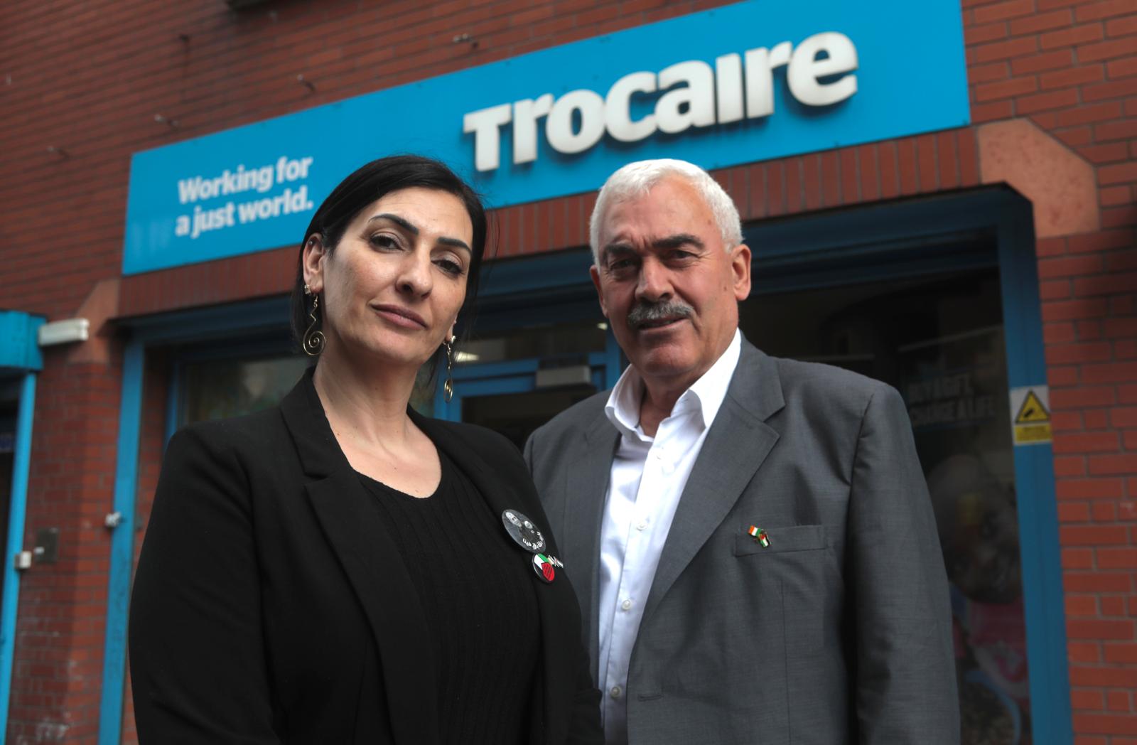 Lubnah and Shawan outside Trócaire on King Street, Belfast