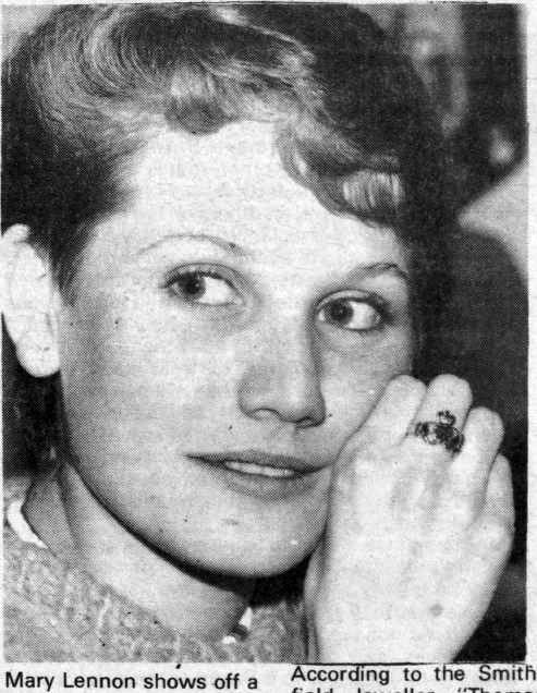 LOOKING BACK: Mary Lennon shows off an emerald Claddagh ring from a new collection of Thomas Gear jewellery which had just been obtained by her father, jeweller Tommy Lennon, back in November 1984