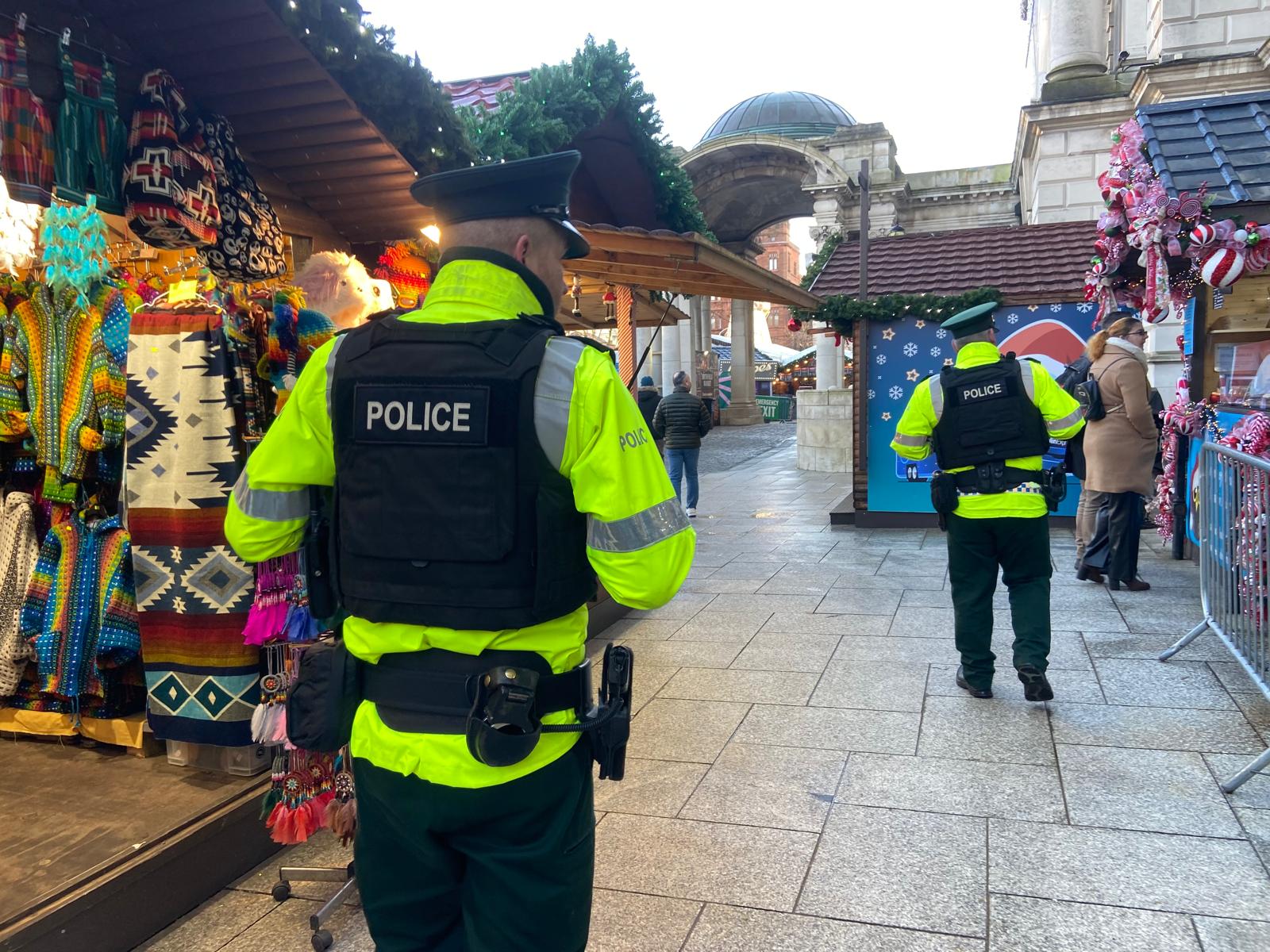 Police at Belfast Christmas market on Tuesday in the grounds of City Hall