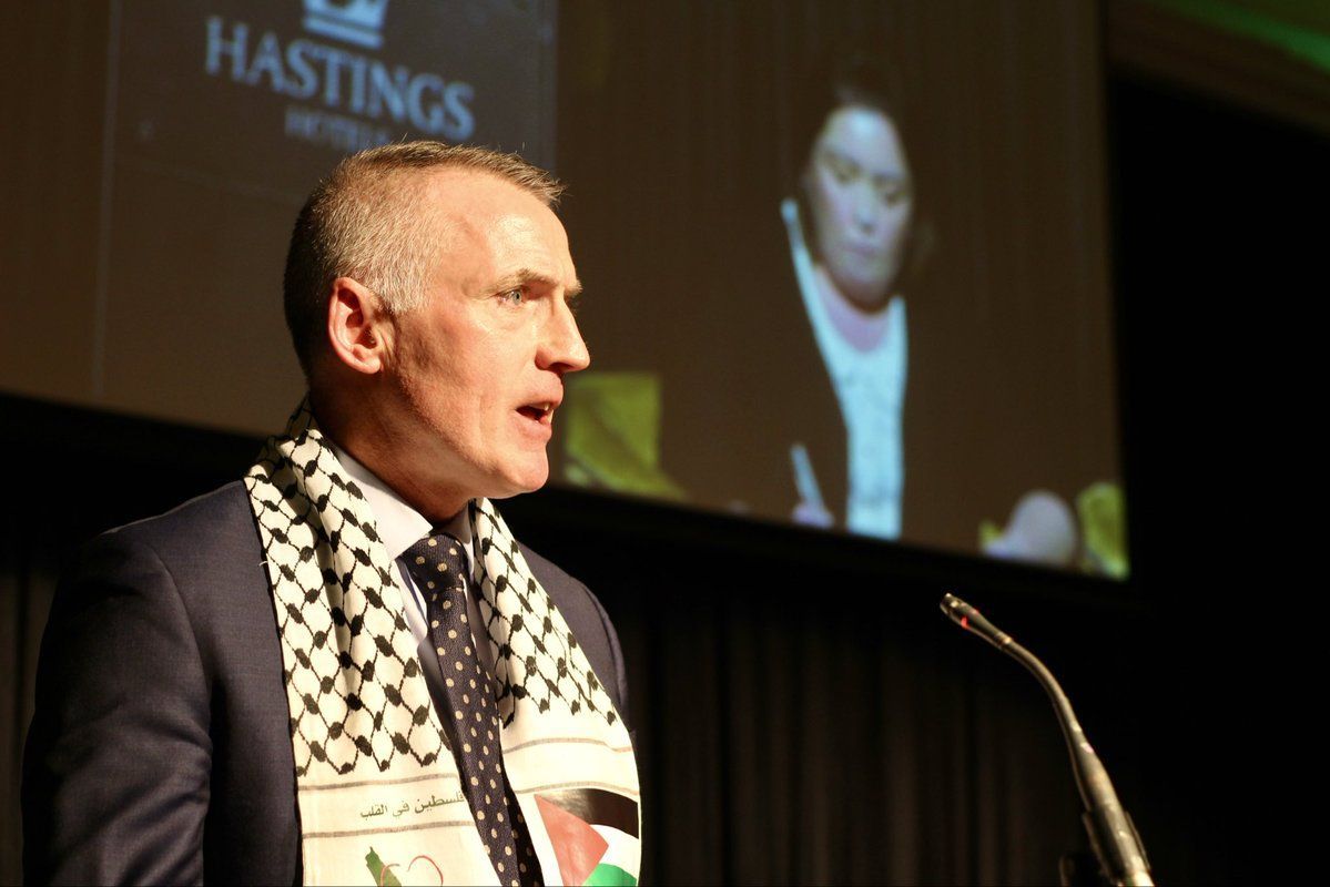 SPREADING SUPPORT: Declan Kearney at a pro-ceasefire event in the Europa Hotel