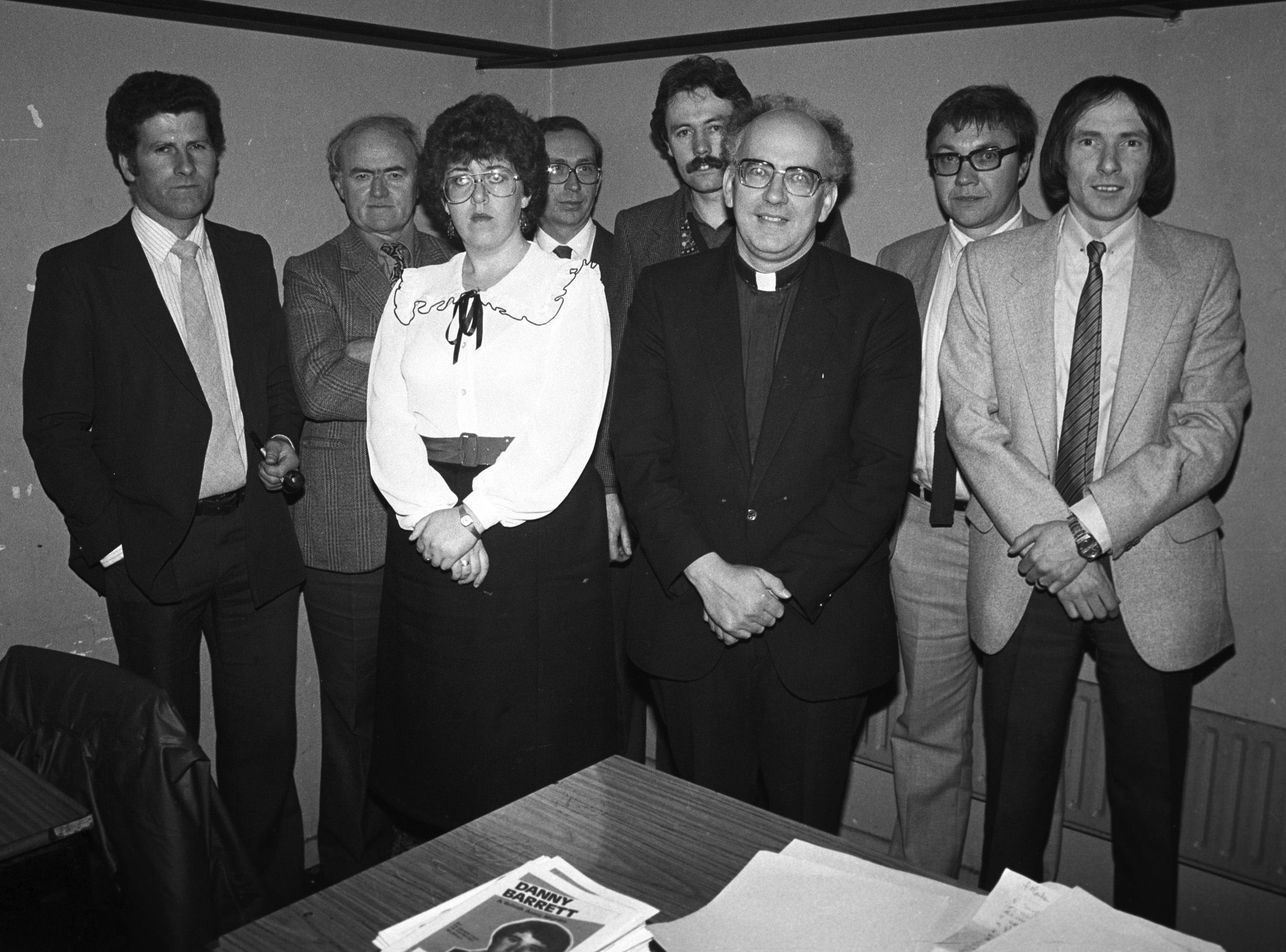 VOICE FOR JUSTICE: Civil rights campaigner Fr Raymond Murray with members of the Organisatio of Concerned Teachers including Pat Rice, Ciarán Austin and Joe Mitchell at a function in the old Lake Glen hotel in July 1982.