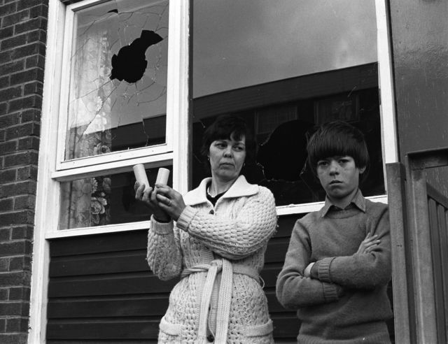 BARRAGE: Mrs Marie McVeigh of Culmore Gardens, near Rosnareen, showing plastic bullets fired by the British Army through the windows of her living room. 