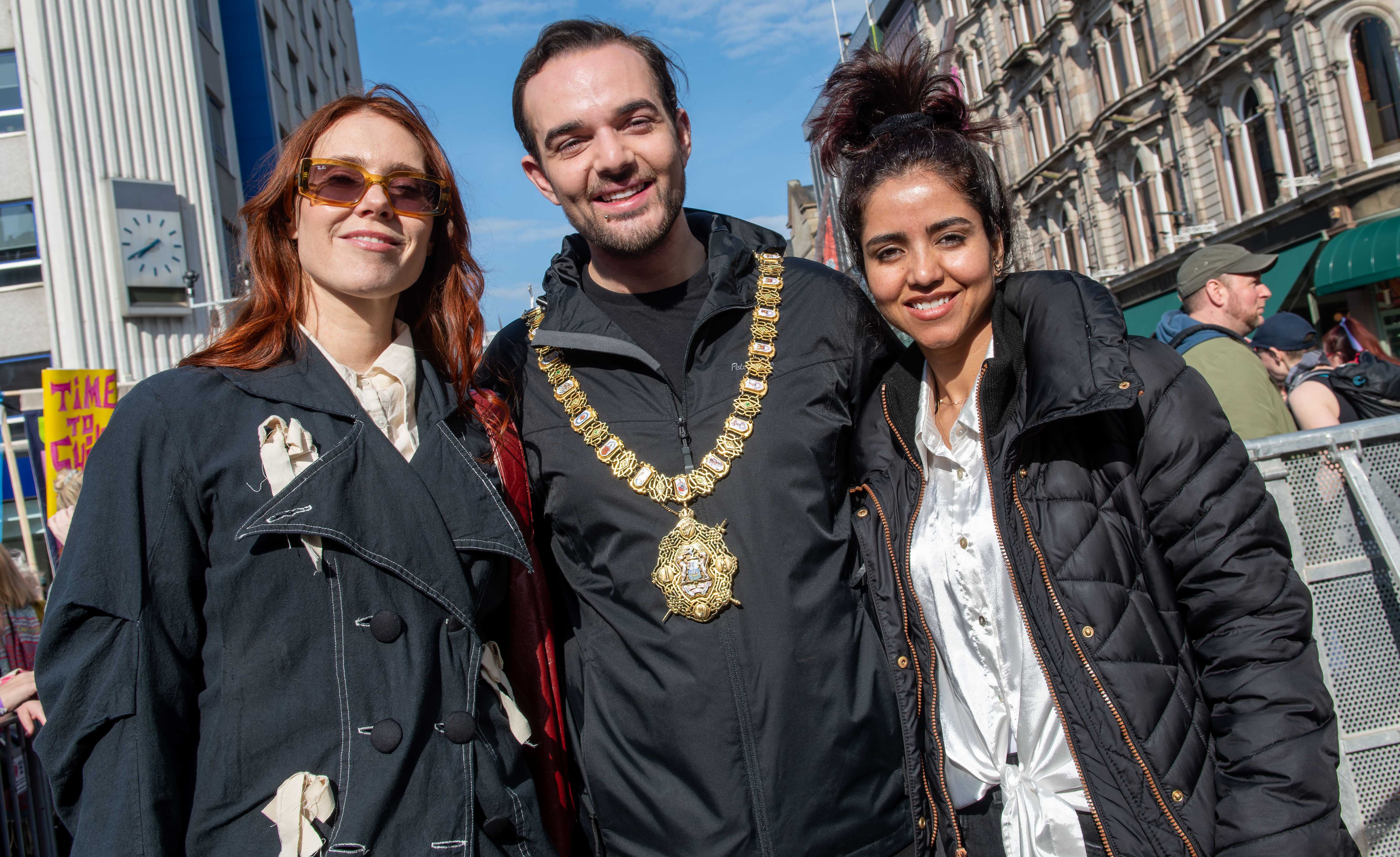 Lord Mayor Micky Murray with singing star Kate Nash and Afghan rapper and activist Sonita Alizadeh