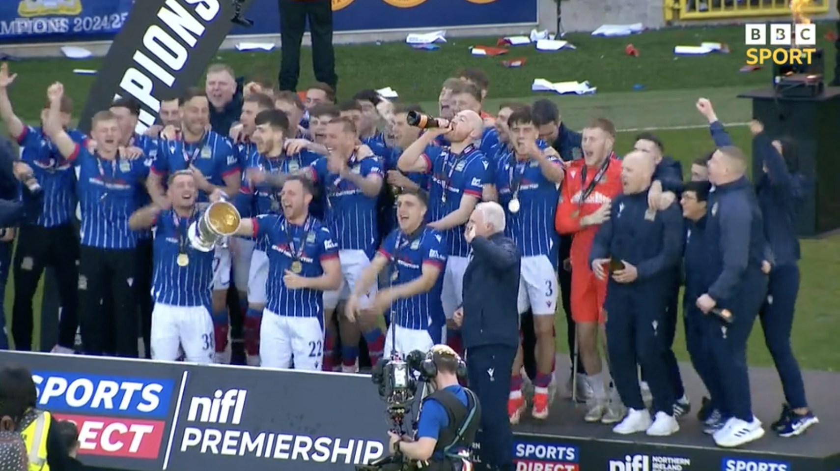 CHAMPIONS: Linfield FC celebrate their title win after Saturday's victory over Glentoran at Windsor, broadcast live by BBCNI