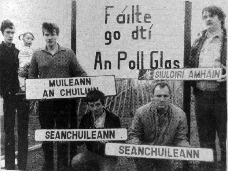 MAITH SIBH: Irish language activists erect Irish signage in Polegass, this week back in 1984