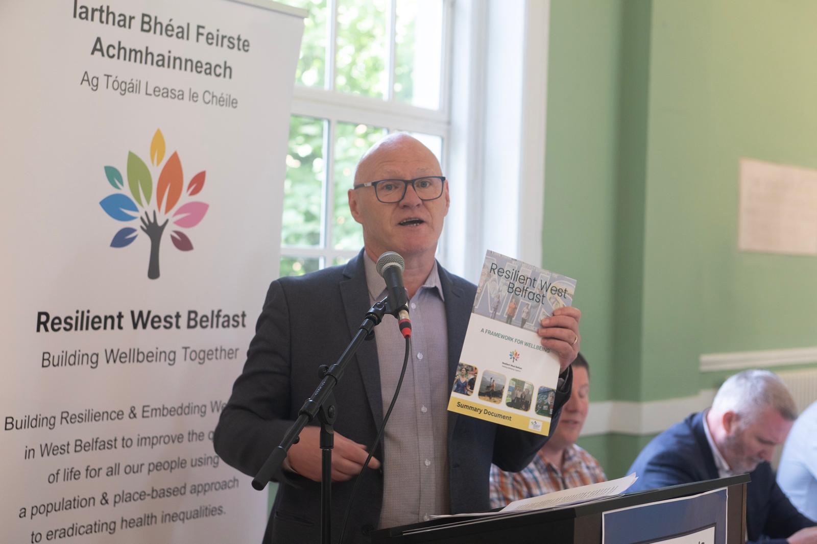 West Belfast MP Paul Maskey speaking at the launch