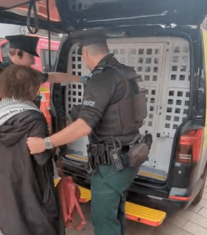 Sue Pentel being forced into the back of the police van