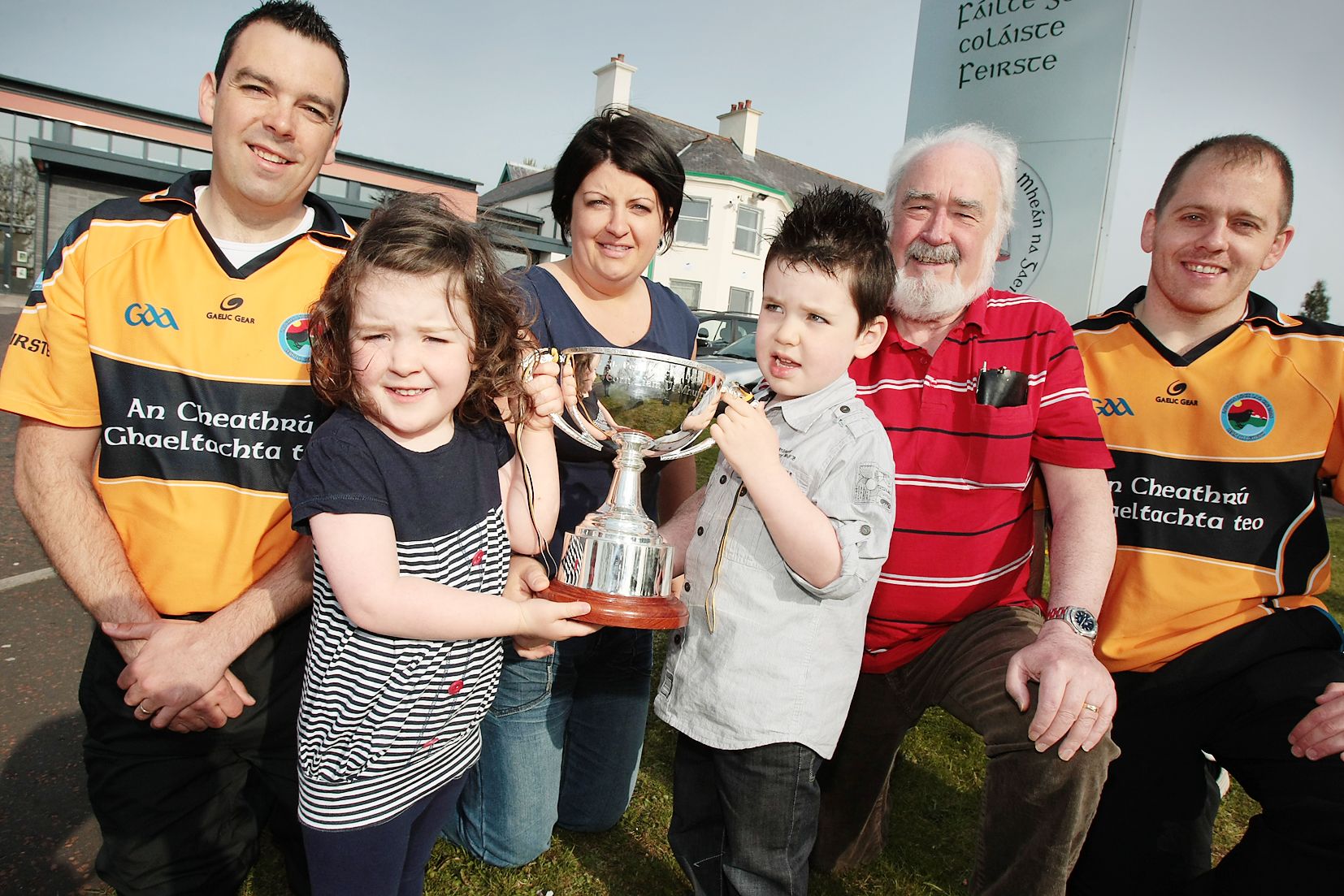 Séamus Ó Tuama and Fearghal Mac Ionnrachtaigh, tournament organisers with the late Liam Murray's children, Amy and Liam Óg, Bob Murray (Liam's father) and Liam's widow Bernie at launch of Liam Murray Tournament in 2010