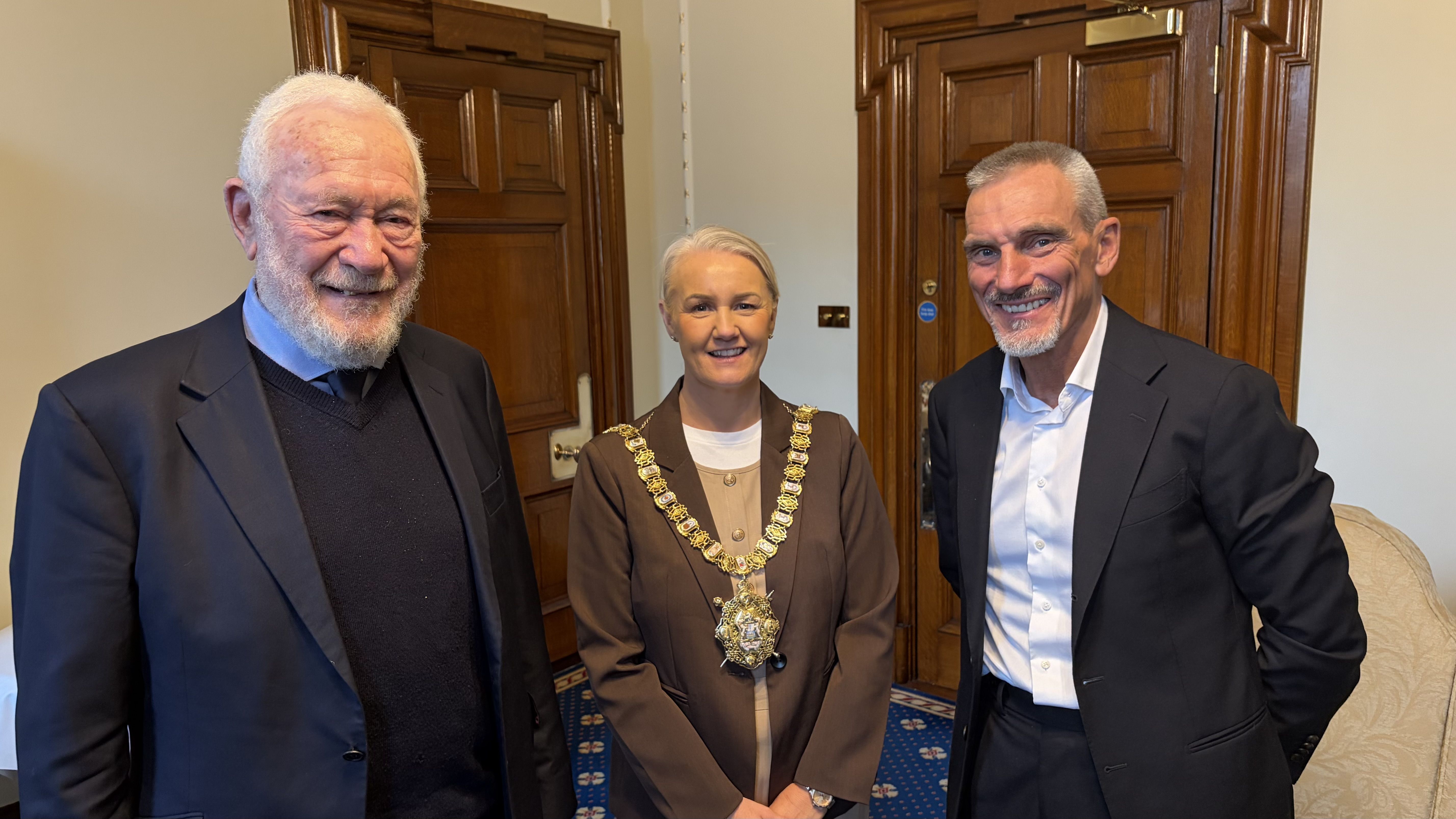 ON BOARD: The Lord Mayor Tracy Kelly welcomes Sir Robin Knox Johnston and William Ward to City Hall