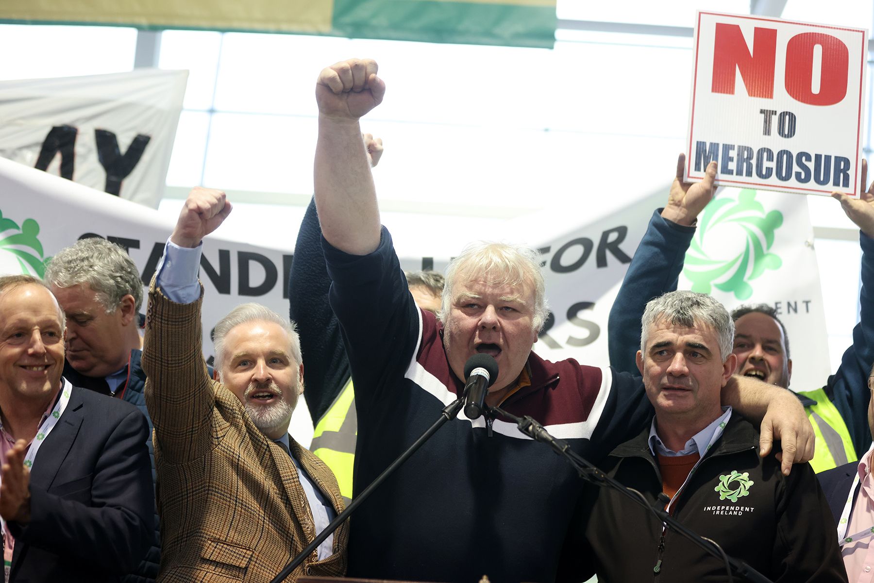 IRELAND SAYS NO: Independent Ireland TDs Michael Fitzmaurice  and Richard O Donoghue opposing the Mercosur deal at a packed TUS Athlone International Arena