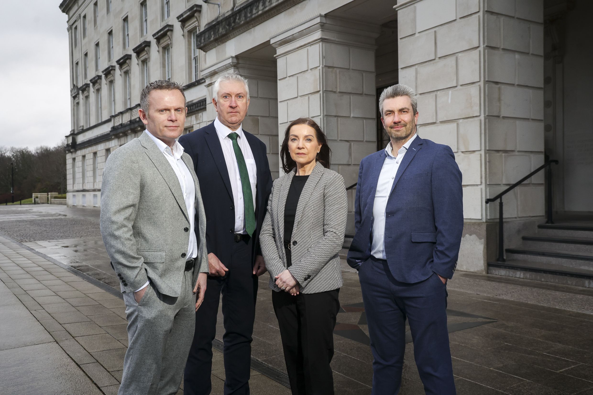 Turlough Hamill, Gerard Greene and Marie Smith, Community Pharmacy NI; Danny Donnelly MLA outside Stormont on Tuesday
