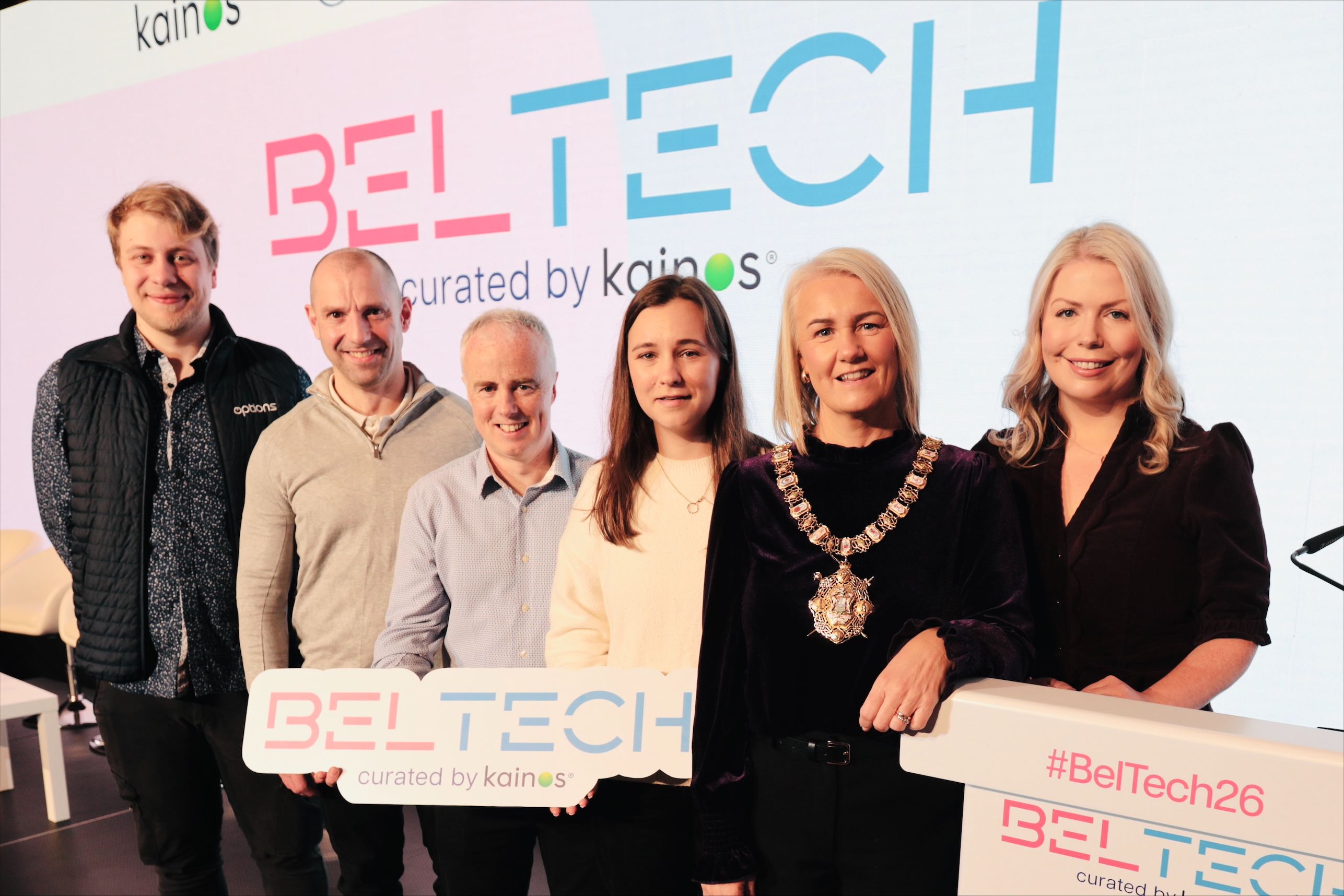 Edgars Pavlovskis, Options IT; Steven Morton, Rakuten; Kevin Higgins, Allstate; Jessica Barr, Aflac NI; Cllr Tracy Kelly, Lord Mayor of Belfast; Síona O'Reilly, Kainos