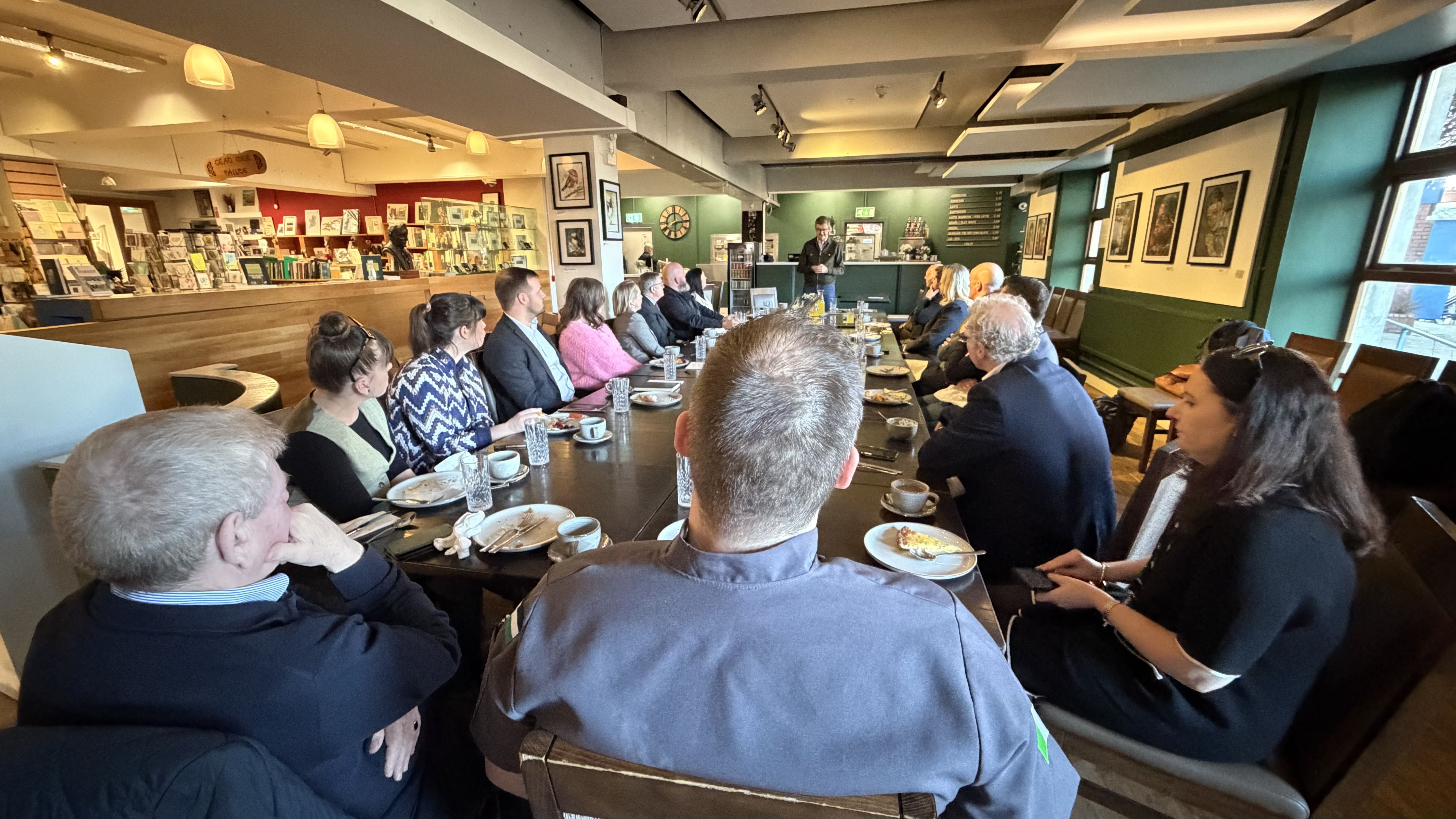 ARCADE INSPIRATION: Brendan Mooney address West Belfast business owners this morning