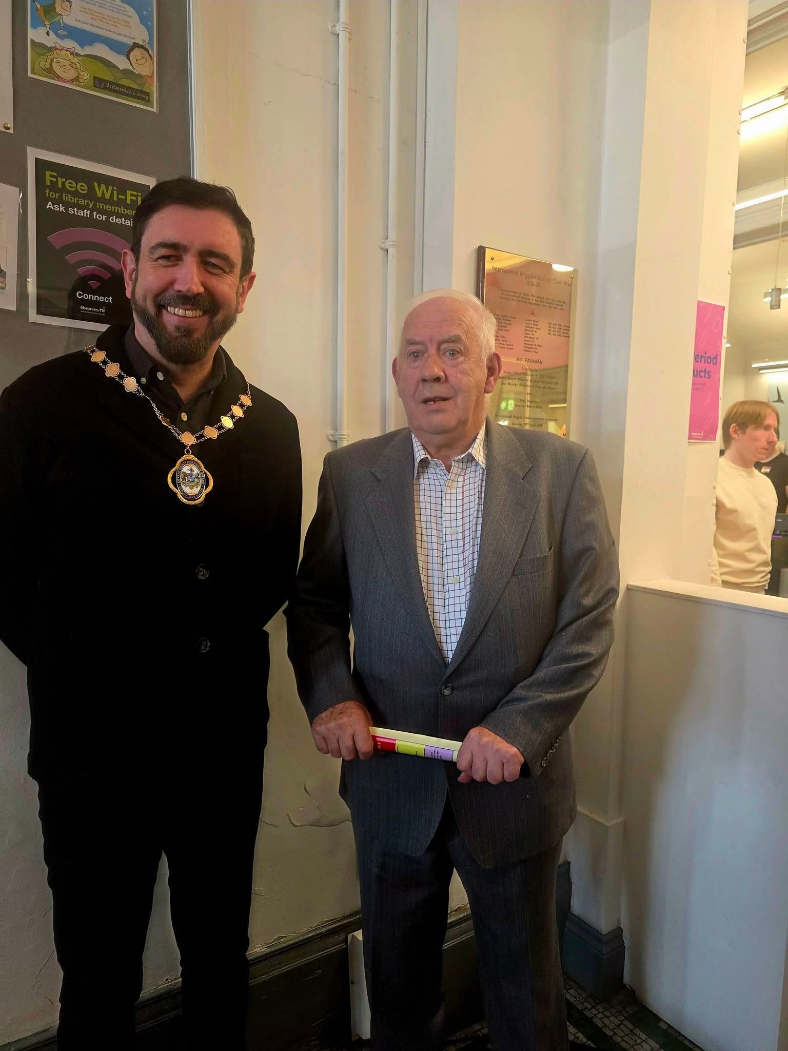 Cllr Paul Doherty with James Moyna, a relative of James Stranney who was killed in action in July 1938 in Gandesa