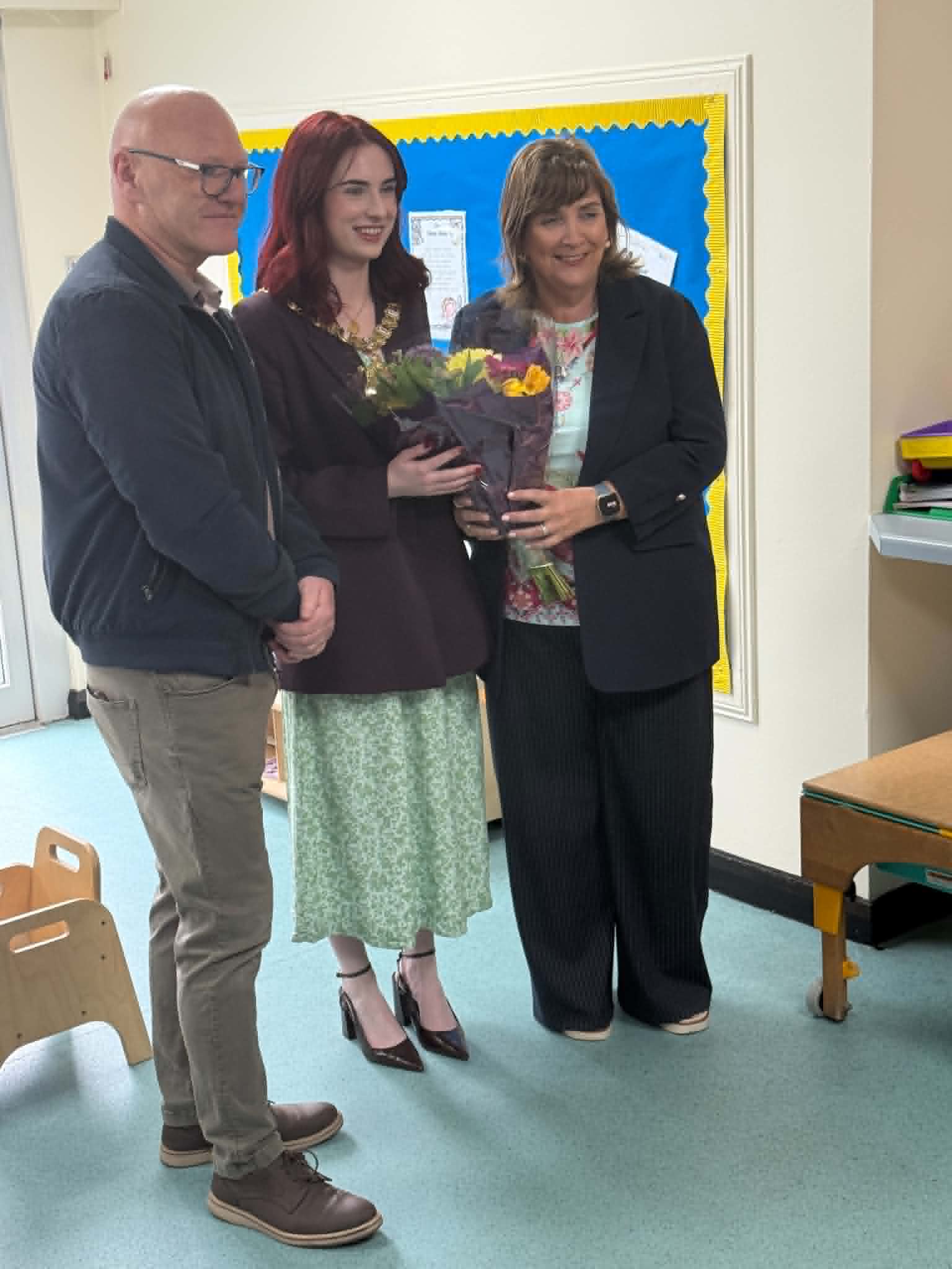 Lord Mayor Róis-Máire Donnelly with West Belfast MP Paul Maskey and Deirdre Walsh, Whiterock Children's Centre Director