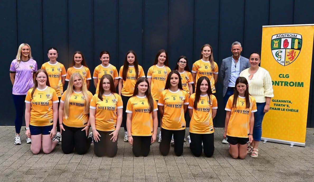 Antrim LGFA representatives showed their support for the Antrim schools girls football squad