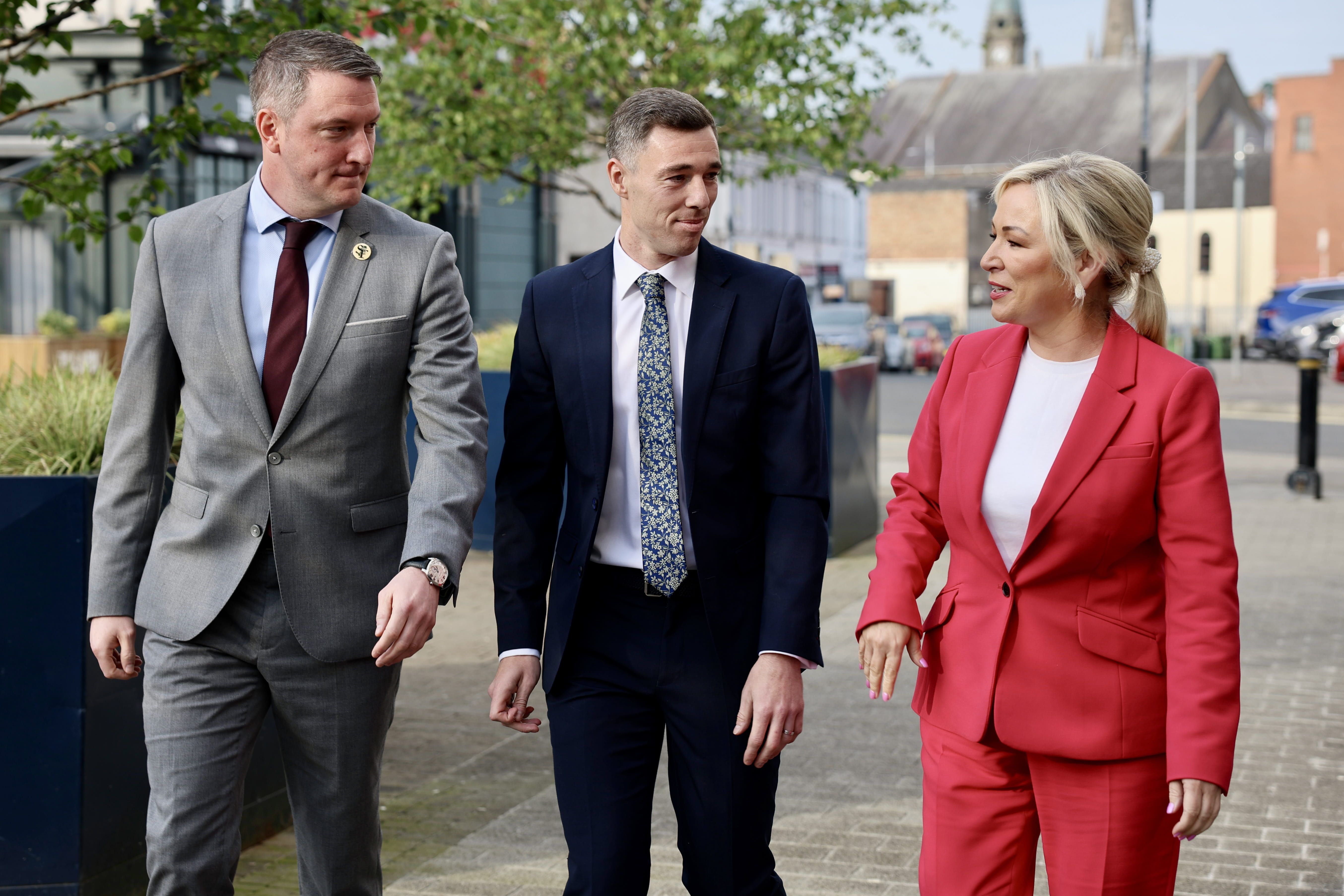 Declan Lynch with North Belfast MP John Finucane and Sinn Féin Vice President Michelle O'Neill