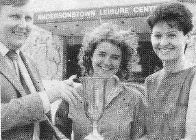 TOP SWIMMERS: At the recent Ladies Inter Leisure Centre swimming competition held in the Grove Baths, the Andersonstown Leisure Centre’s June Coyle and Siobhan Hartley had almost a clean sweep of the events. The girls entered six individual events and two relays and they won seven events and came second in the eighth. John Kelly, manager of the Centre, was proud of the girls and made a special presentation to them 